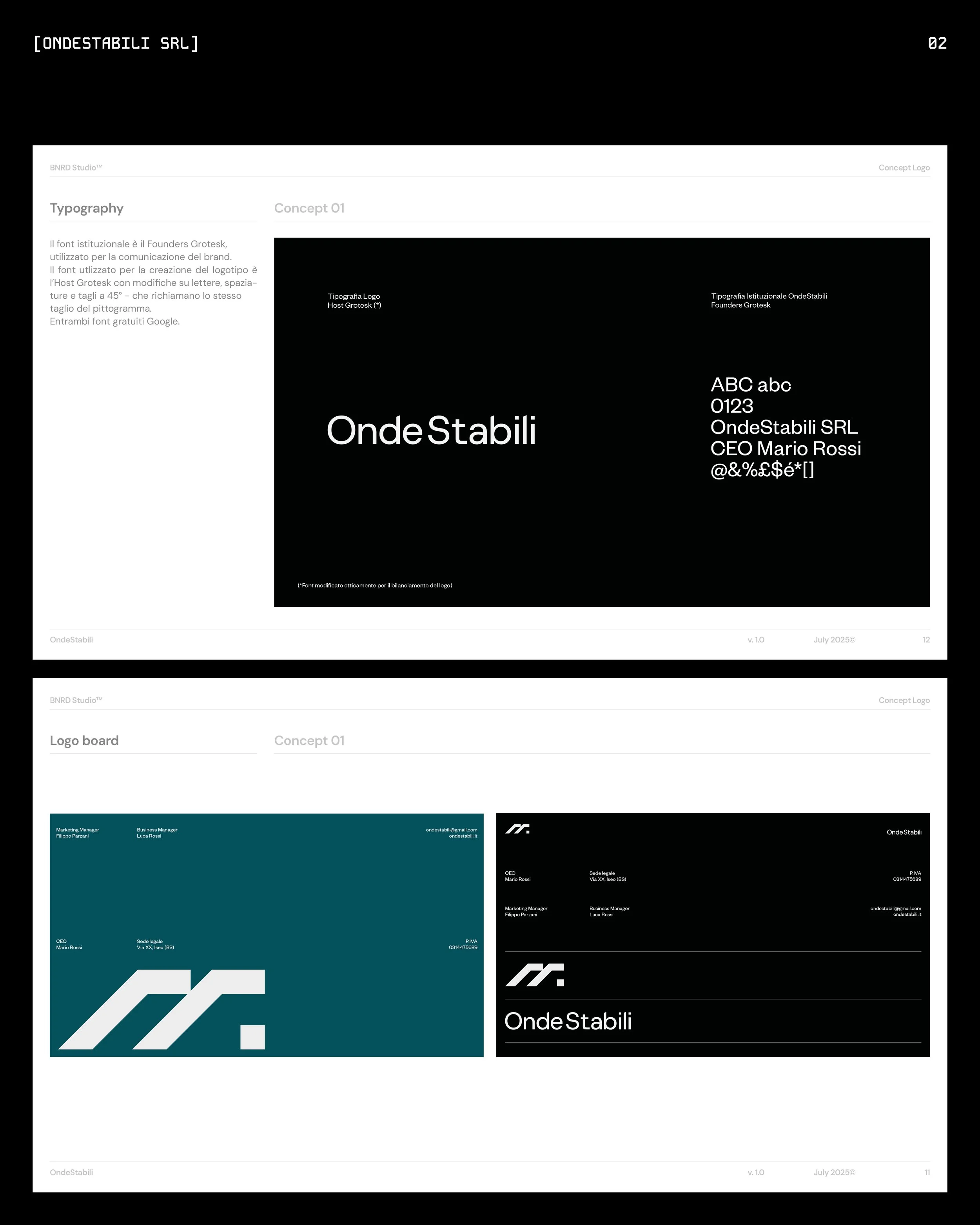 A design concept for the logo of OndeStabili, showing a black background with white text and graphics, including the project name, technical details, and branding elements.