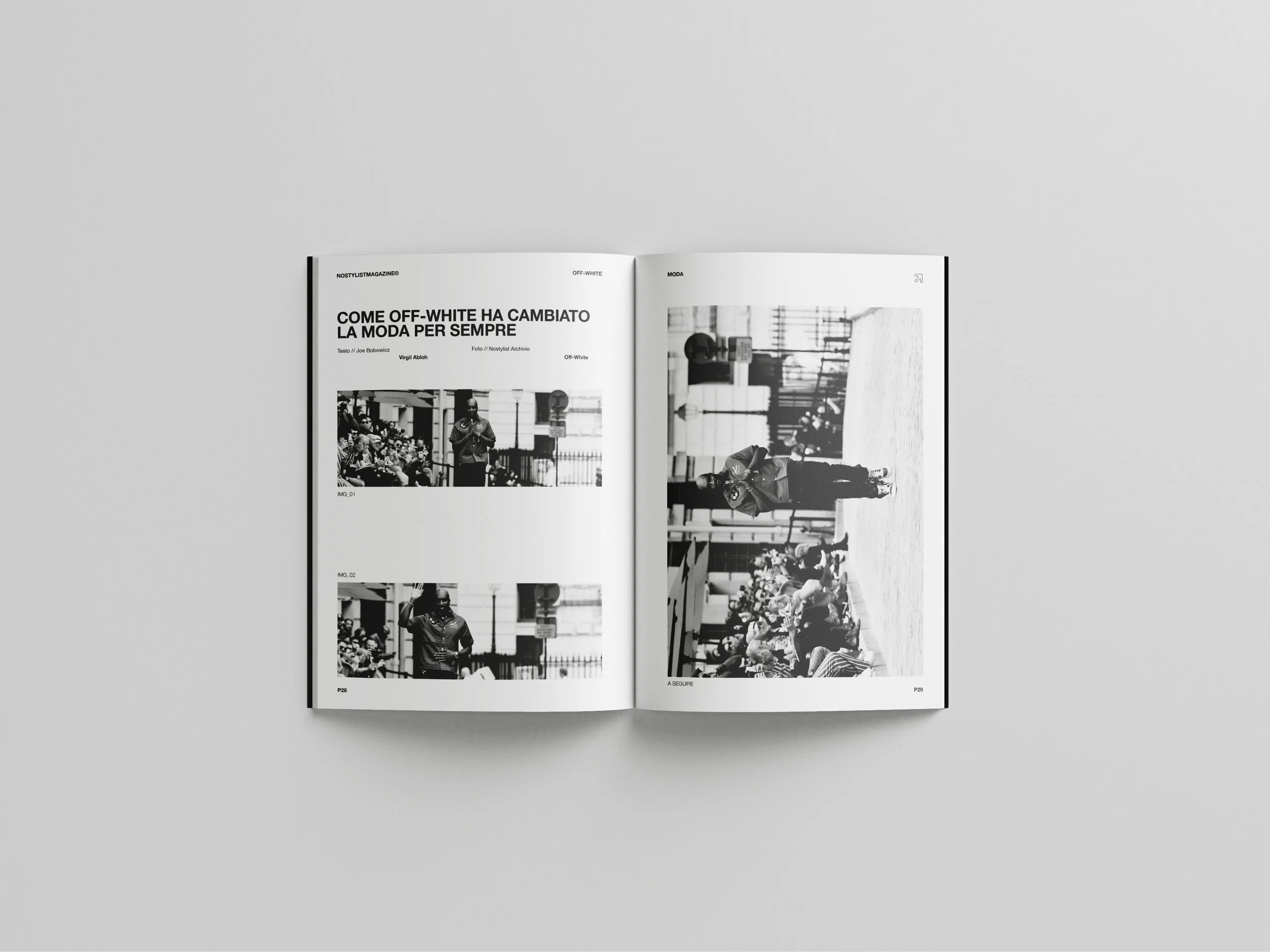 An open magazine on a white surface showing black and white photographs and Italian text about fashion, specifically how off-white has changed fashion forever.