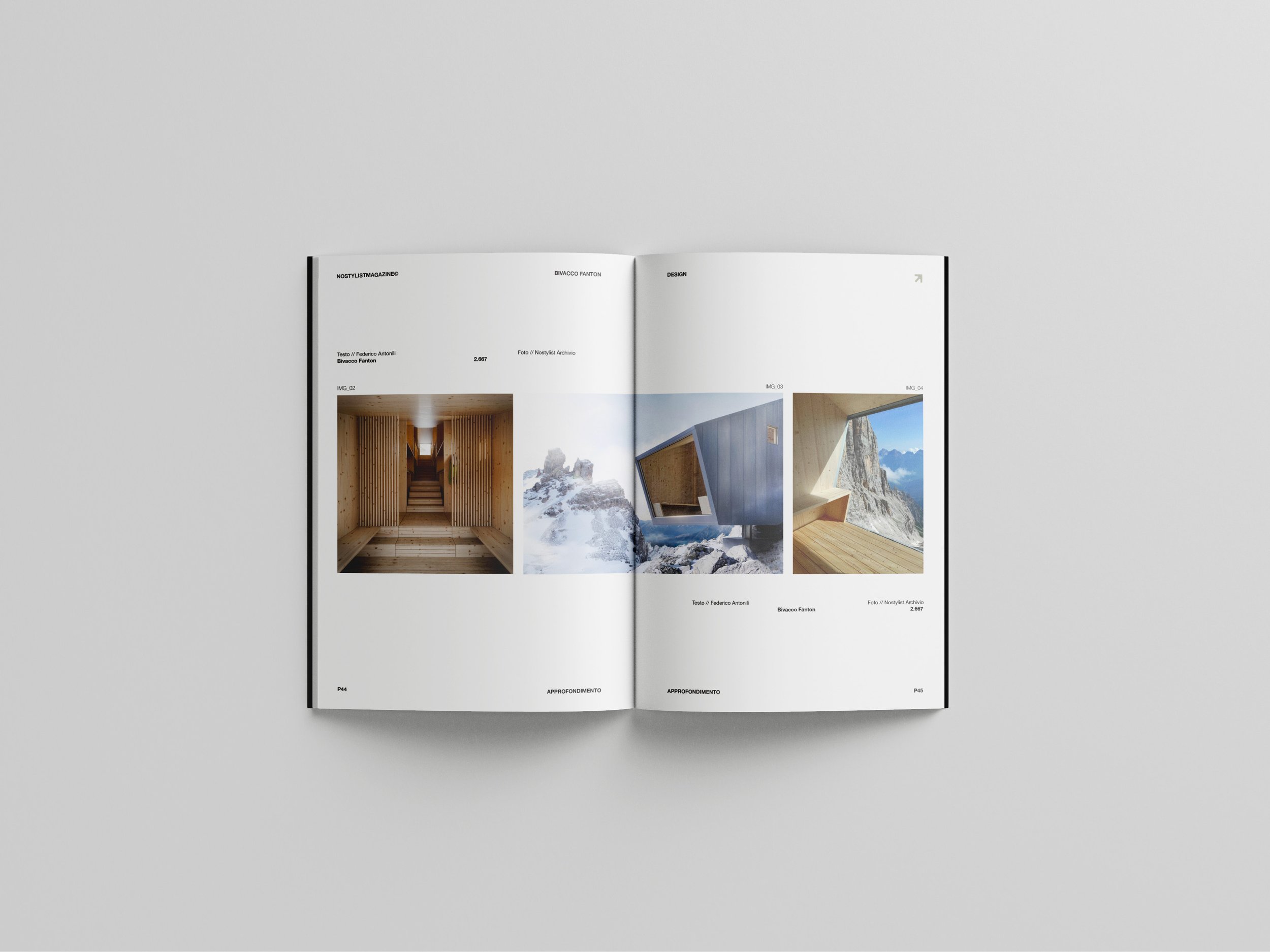 An open magazine displaying interior and exterior architectural photographs and text on white pages, situated on a light gray background.