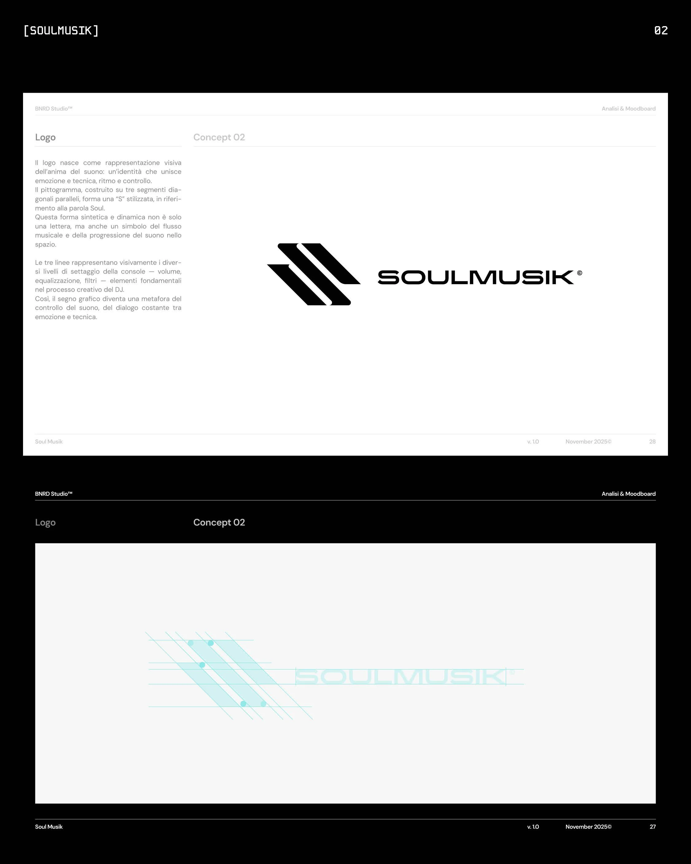 A website or digital interface with sections titled 'Soulmusik,' 'Analysis & Moodboard,' and 'Logo.' The pages include text about the concept and design elements related to 'Soulmusik,' featuring black and white color schemes, and graphical motifs re