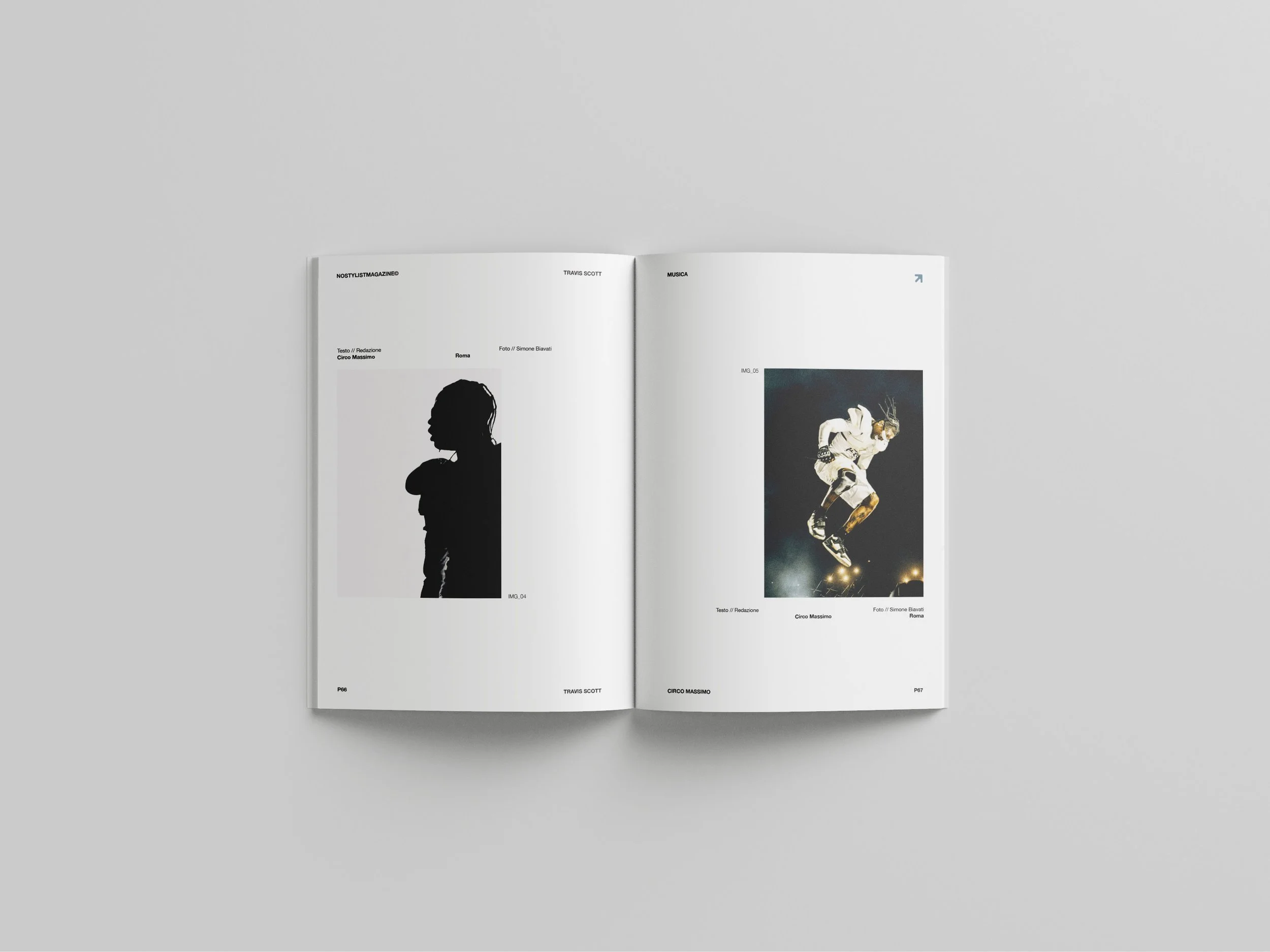 An open magazine with two pages visible, one page features a silhouette of a woman and the other page shows a ballet dancer performing on stage.