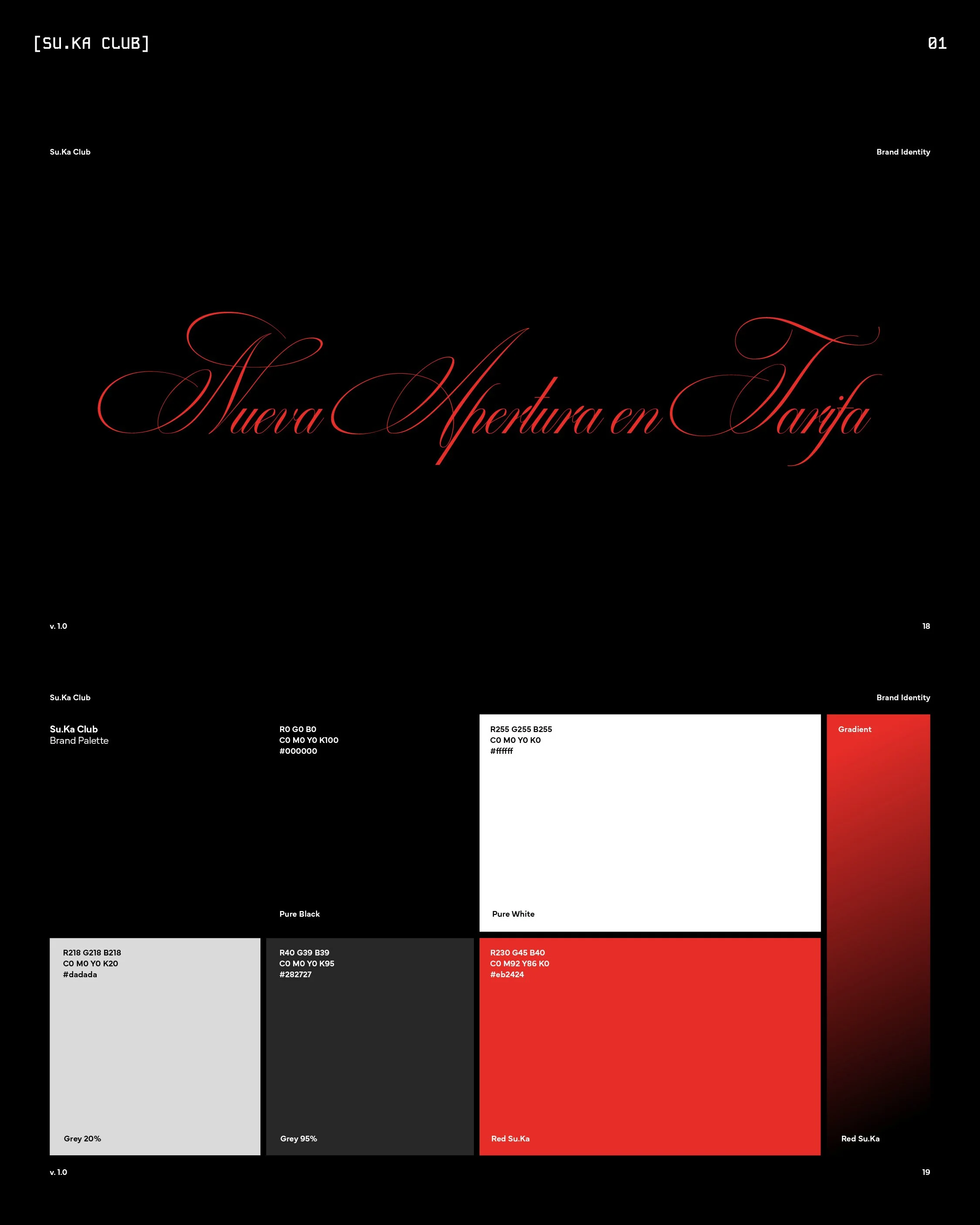 A digital brand style guide for Su.Ka Club featuring color palette, fonts, and design elements. Large cursive red text in the center reads 'Nueva Abertura en Saryfa'. The style guide includes sections labeled brand identity and palette, with color sw
