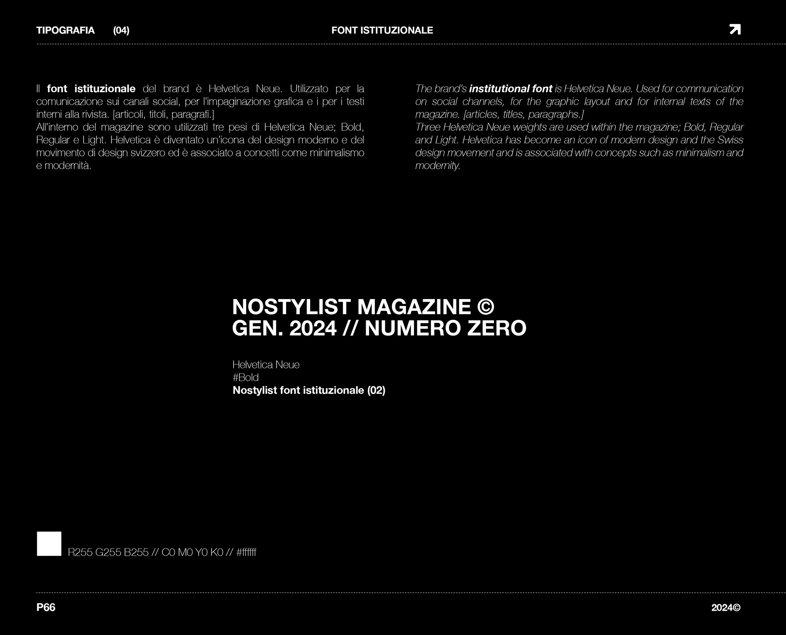 A magazine spread with text about typography and institutional font, featuring black background with white text, and some technical specifications at the bottom.