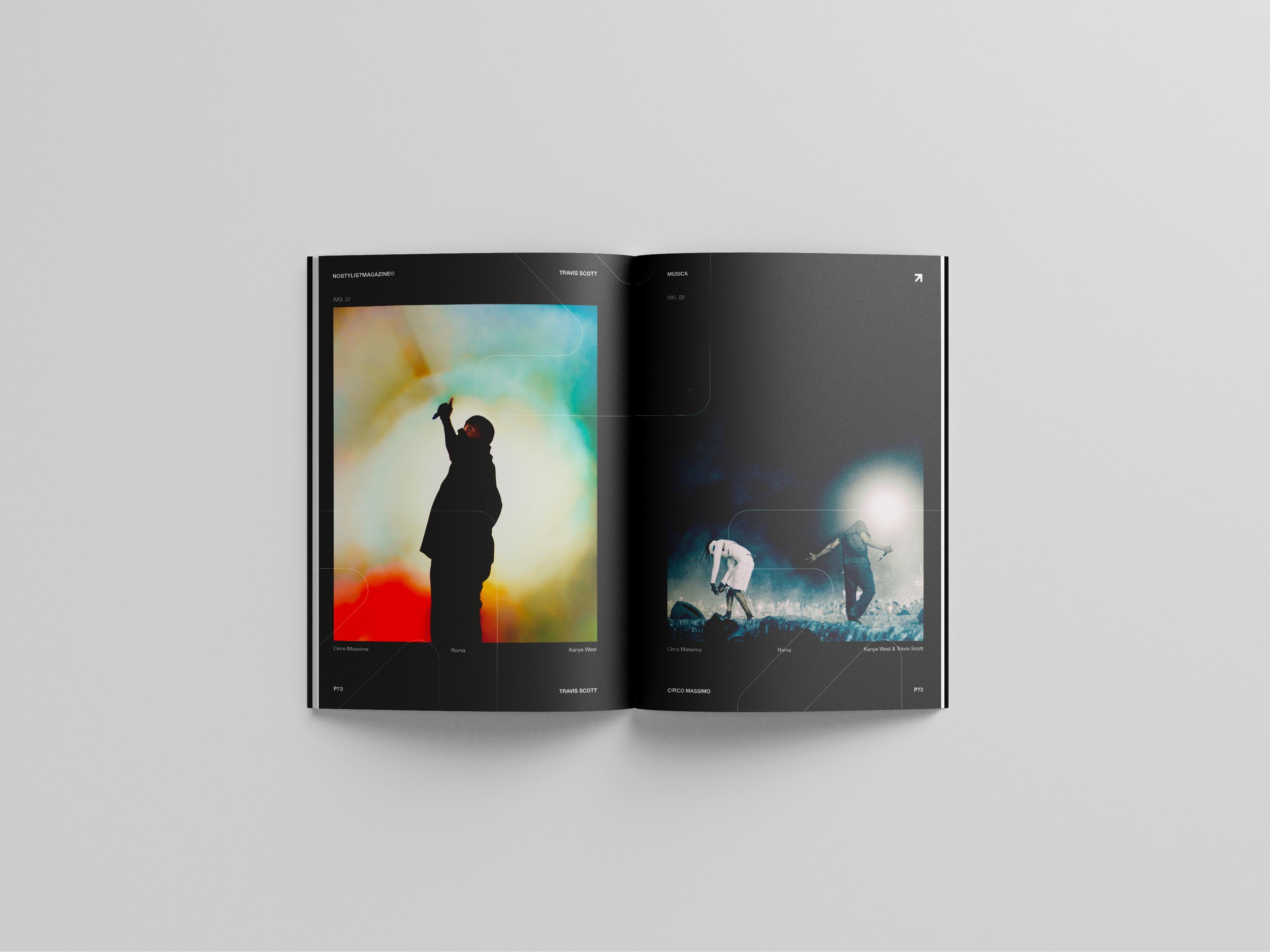 Open magazine on a white surface showing photos of musicians and performers, including a silhouette of a person with a raised arm and multiple individuals performing on stage in a concert setting.