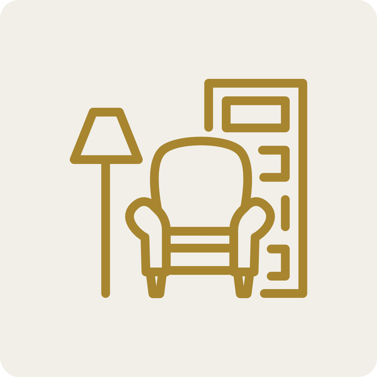 Outline of a living room with a lamp, armchair, and bookshelf.