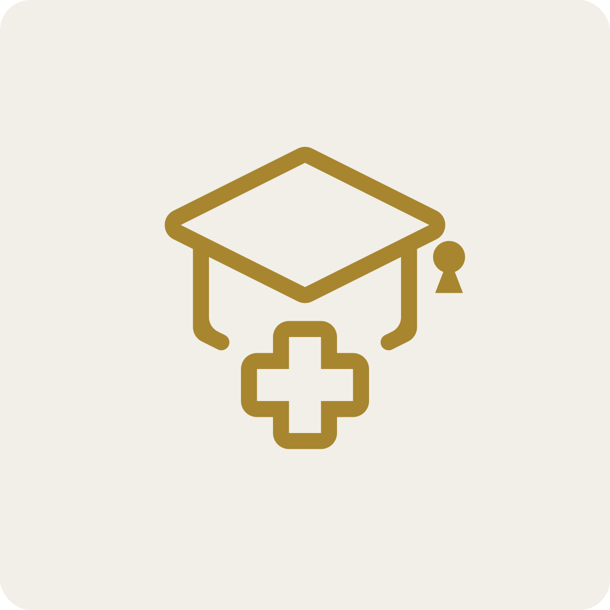 Icon of a graduation cap with a medical cross underneath.