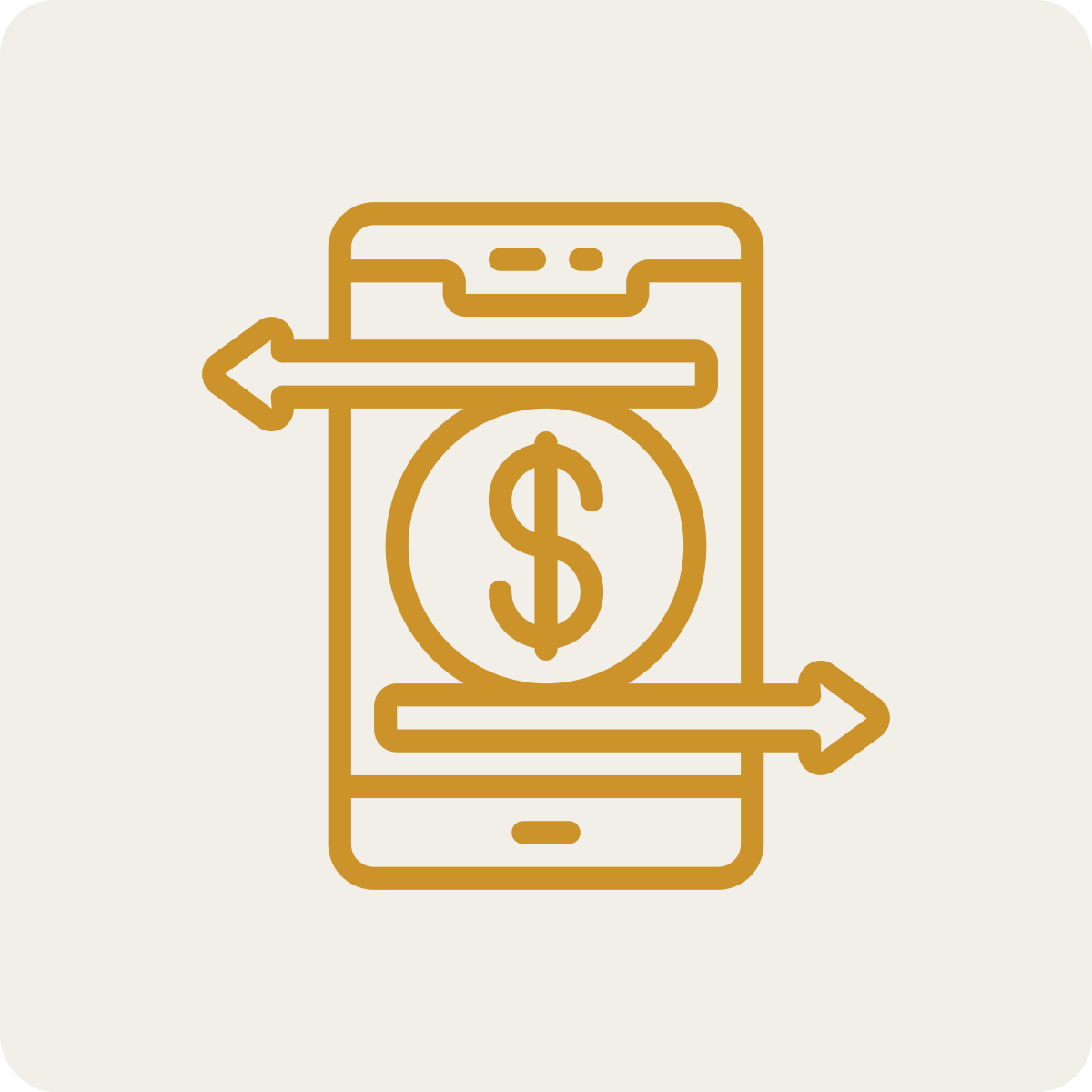Outline illustration of a smartphone with a dollar sign inside a circle on the screen, with arrows pointing left and right, representing financial digital transactions.