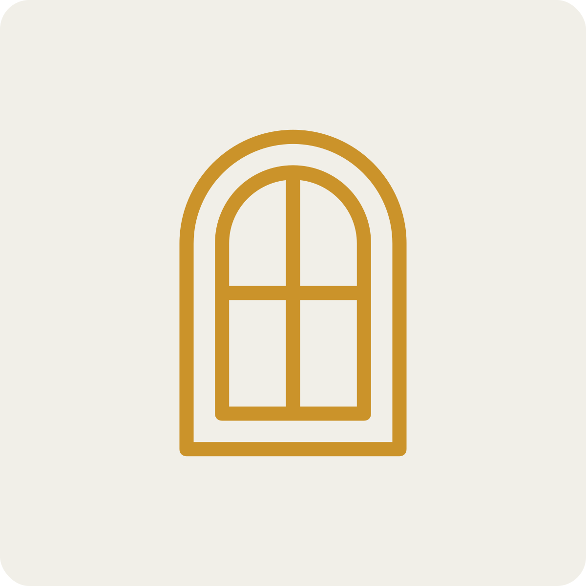 Minimalist illustration of a brown arched window with four panes on a light beige background.