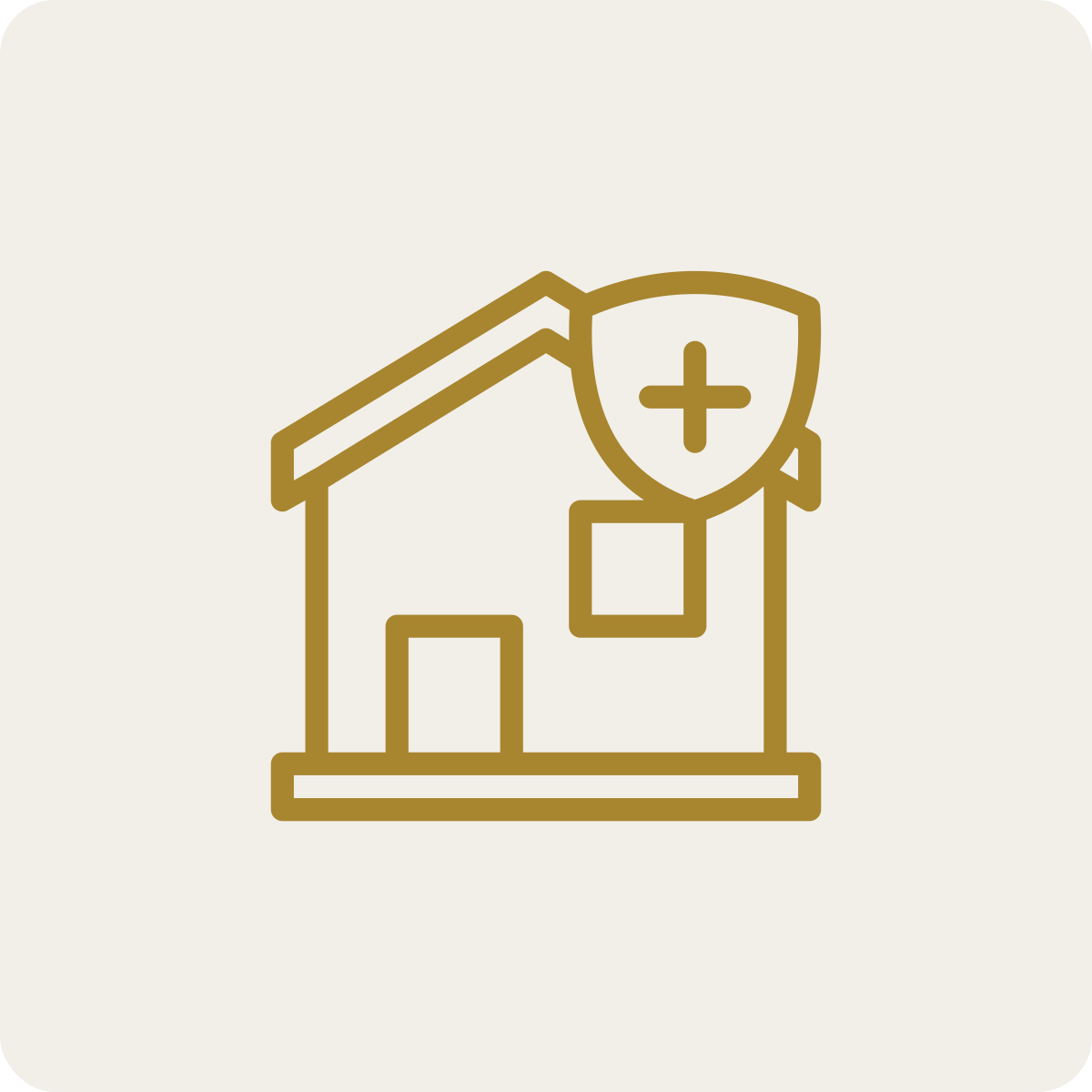 Outline of a house with a shield featuring a medical cross, indicating home health or home healthcare
