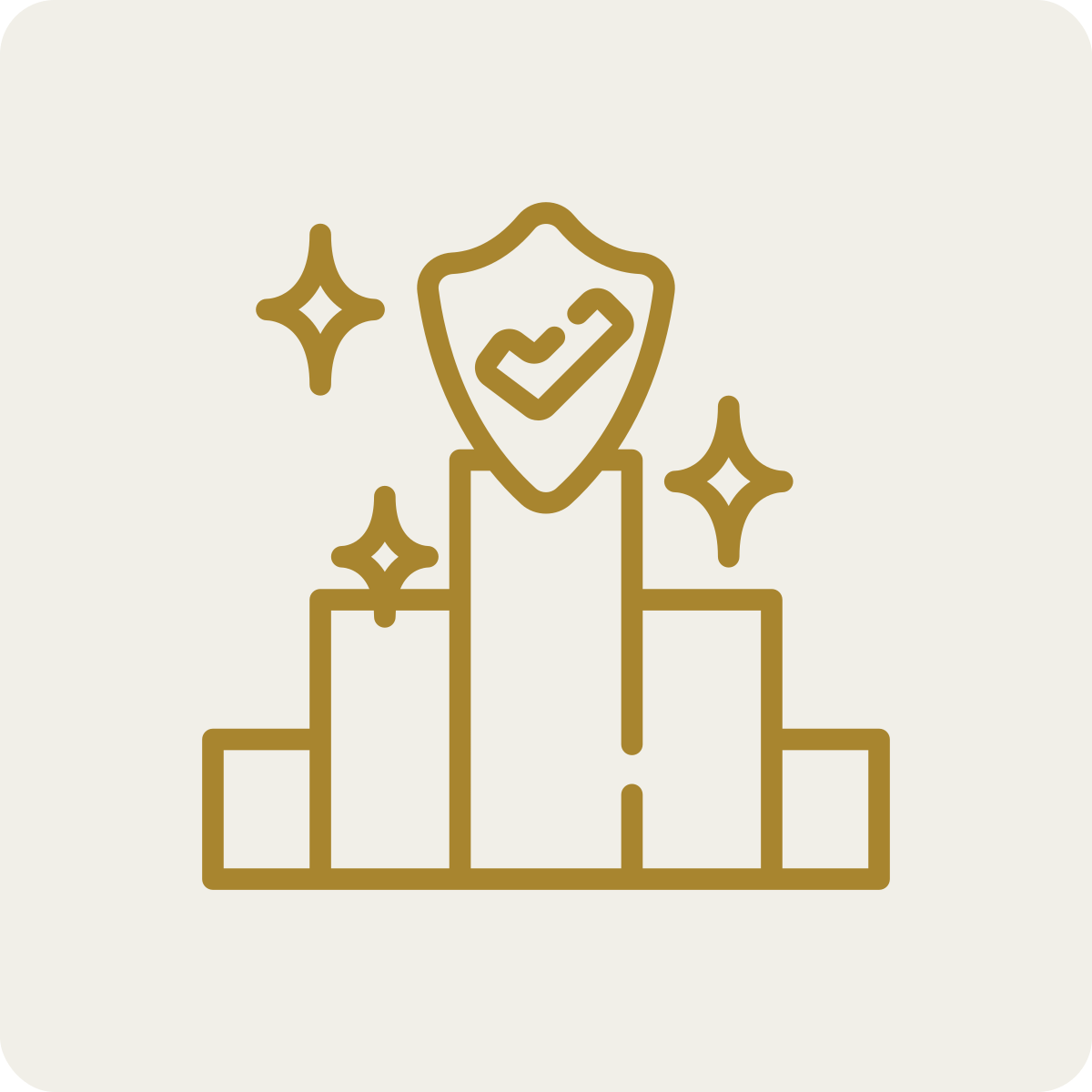 Gold outline of a medal on a podium with a shield featuring a check mark inside, surrounded by sparkling stars.