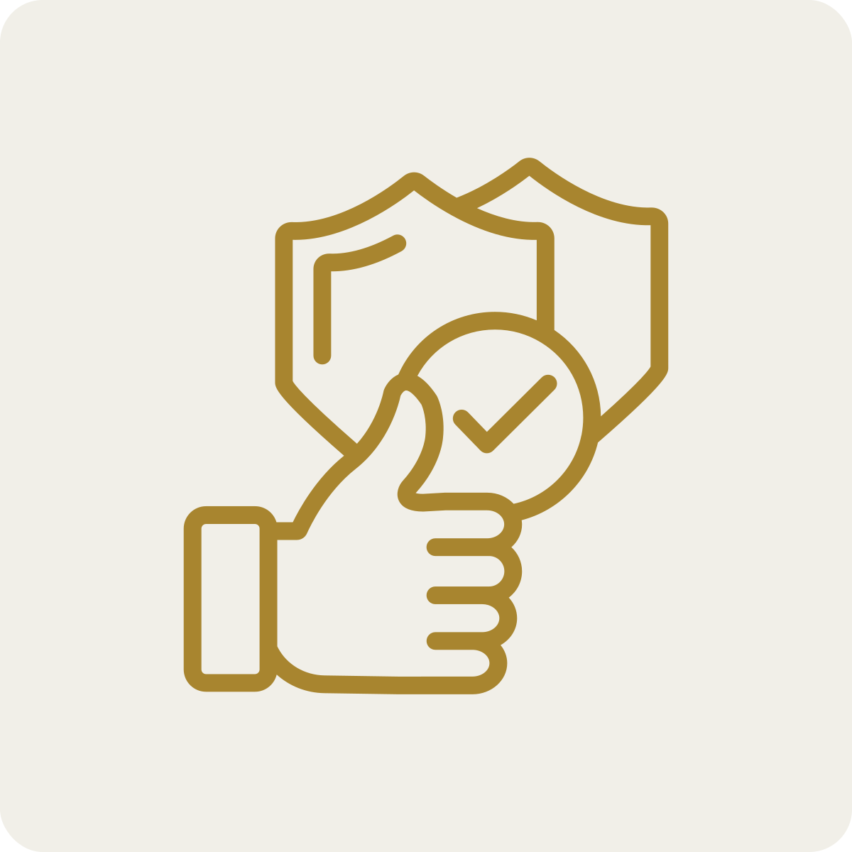 Line art illustration of a hand giving a thumbs-up in front of police shields with a checkmark symbol.