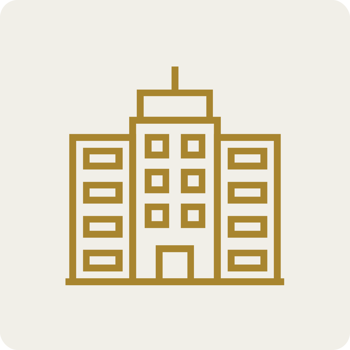Outline of a multi-story building with a central entrance, multiple windows, and a small antenna on top.