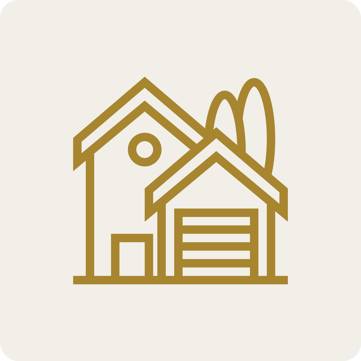 Line drawing of a house with a garage, the house features a circular window and a pitched roof, with trees in the background.