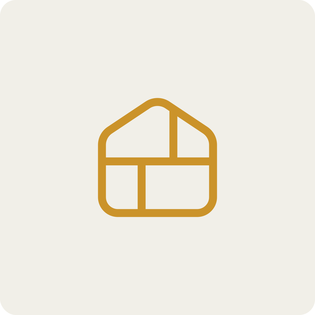 Minimalist house icon with a gold outline on a light background.