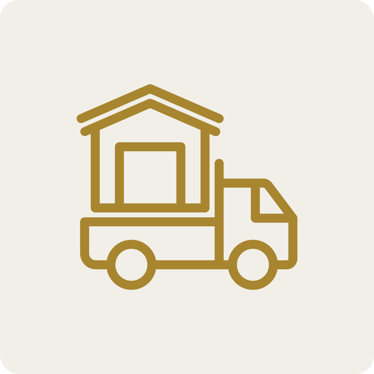 A line drawing of a house on a truck.
