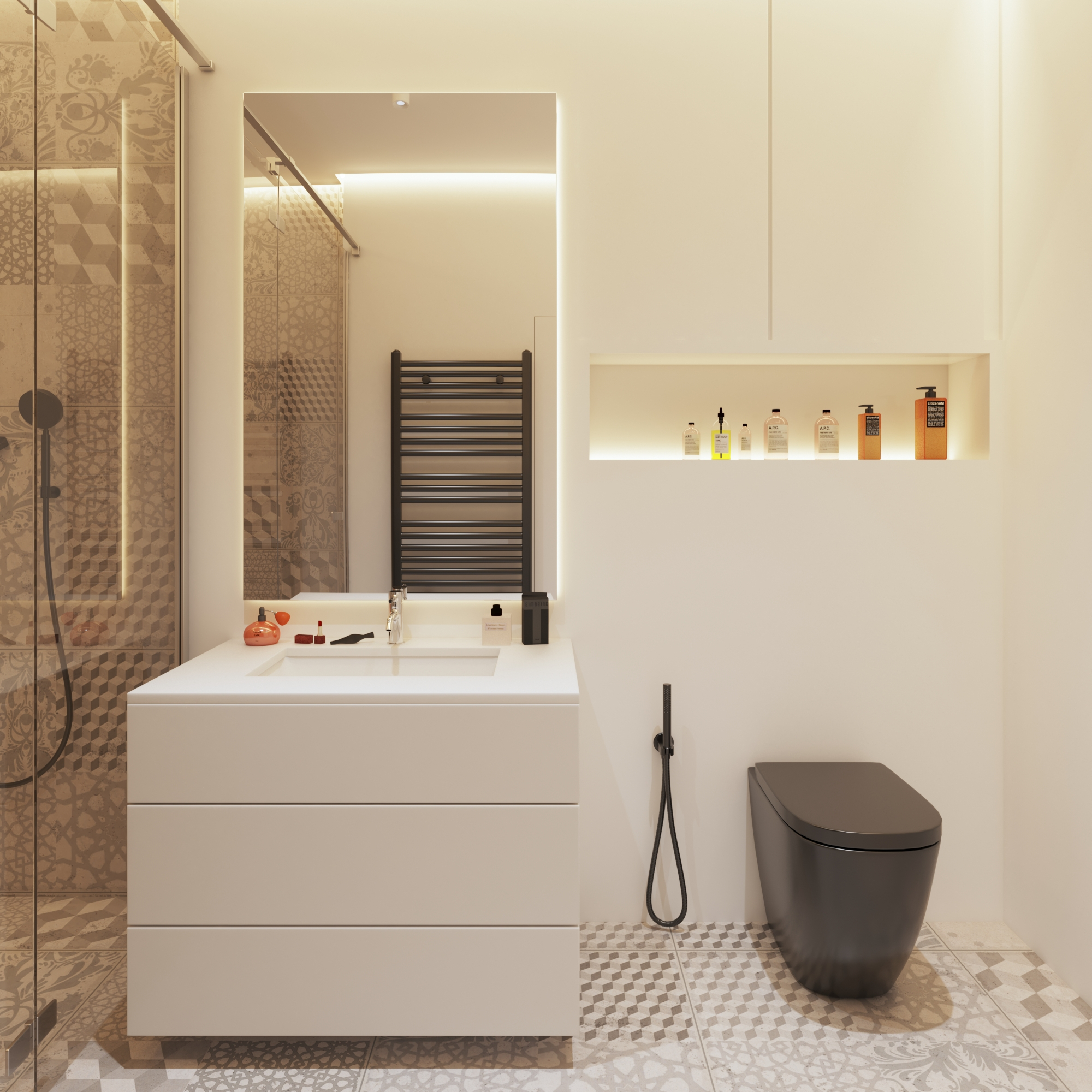 Bathroom with a white sink, black towel rack, and decorative tiles on the walls and floor.