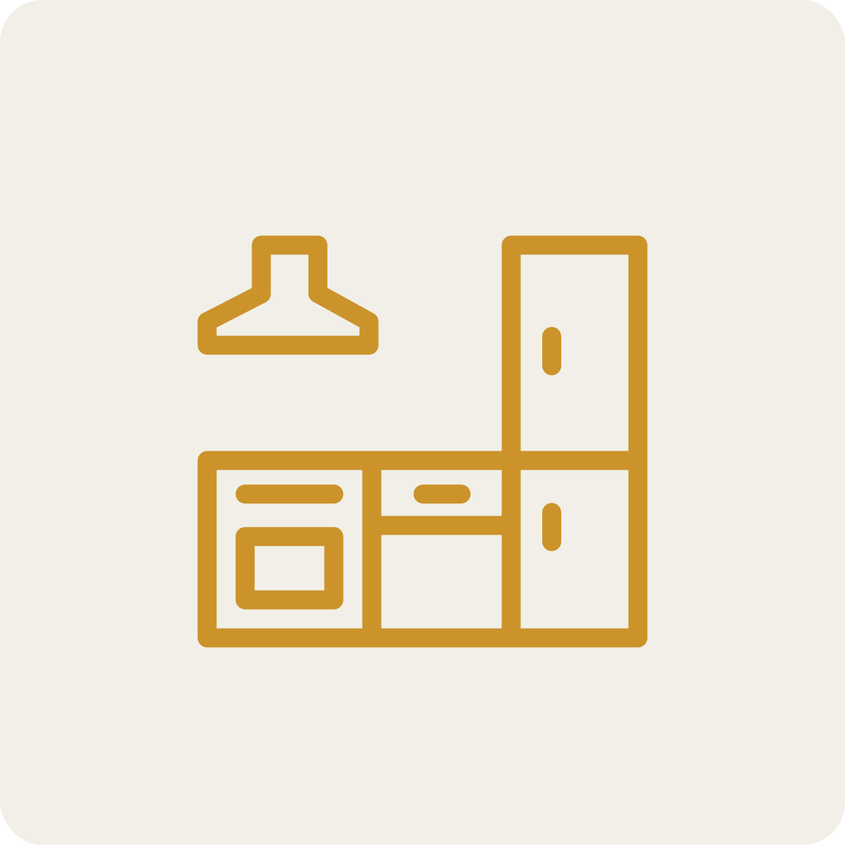 Minimalist line drawing of a kitchen with cabinets, a stove, and a range hood.