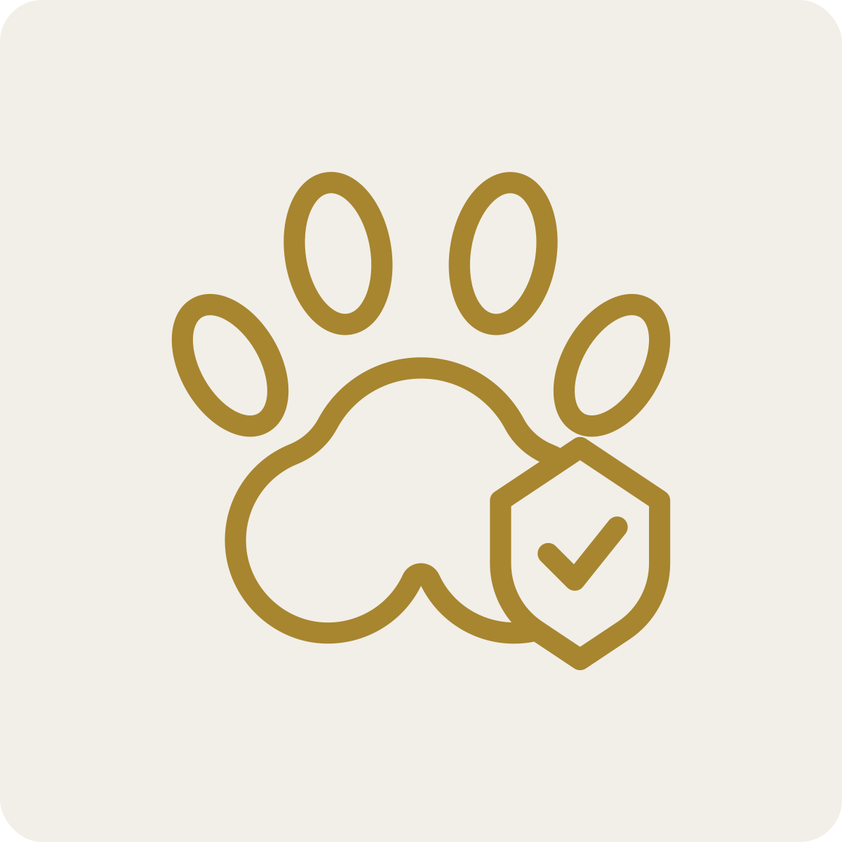Gold outline of a paw print with a shield containing a checkmark overlapping it.