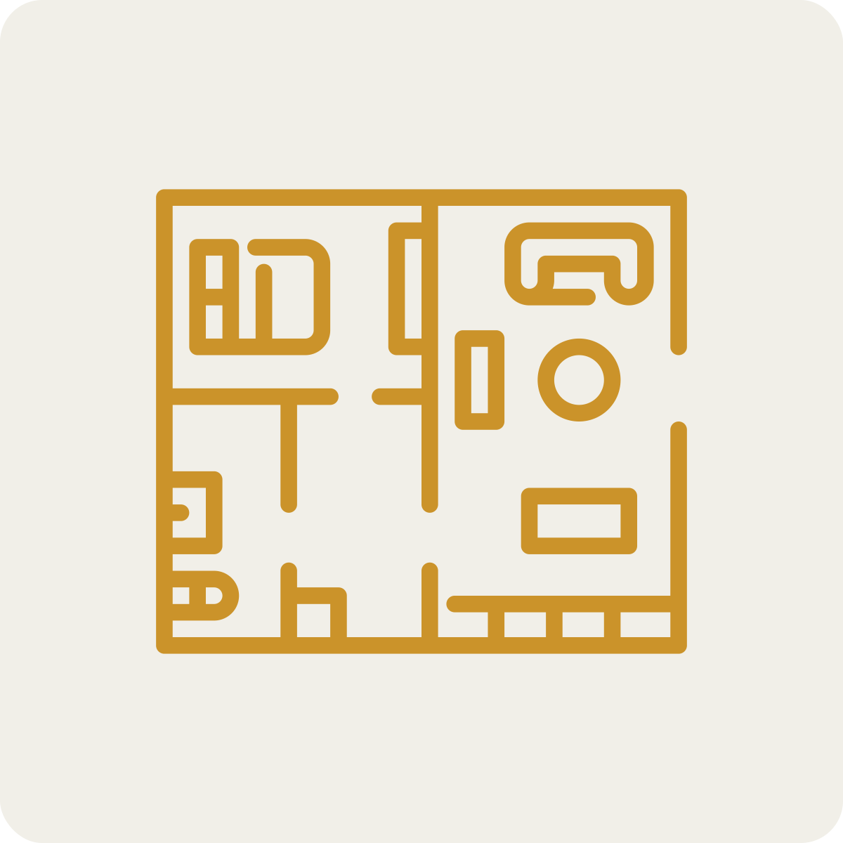 Floor plan layout of a building with various rooms and corridors depicted in simple line art