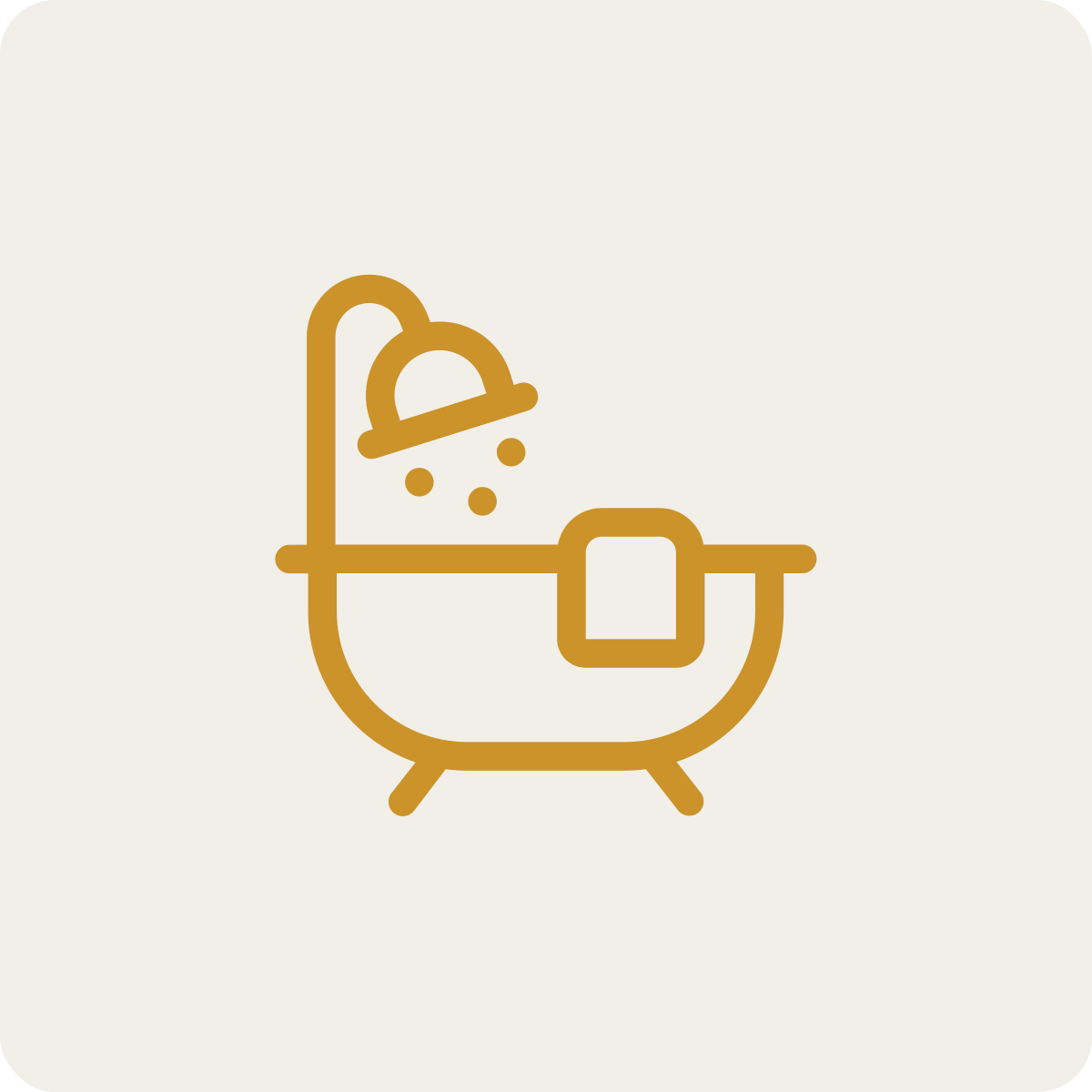 Line drawing of a vintage bathtub with a showerhead and a towel hanging on the side.
