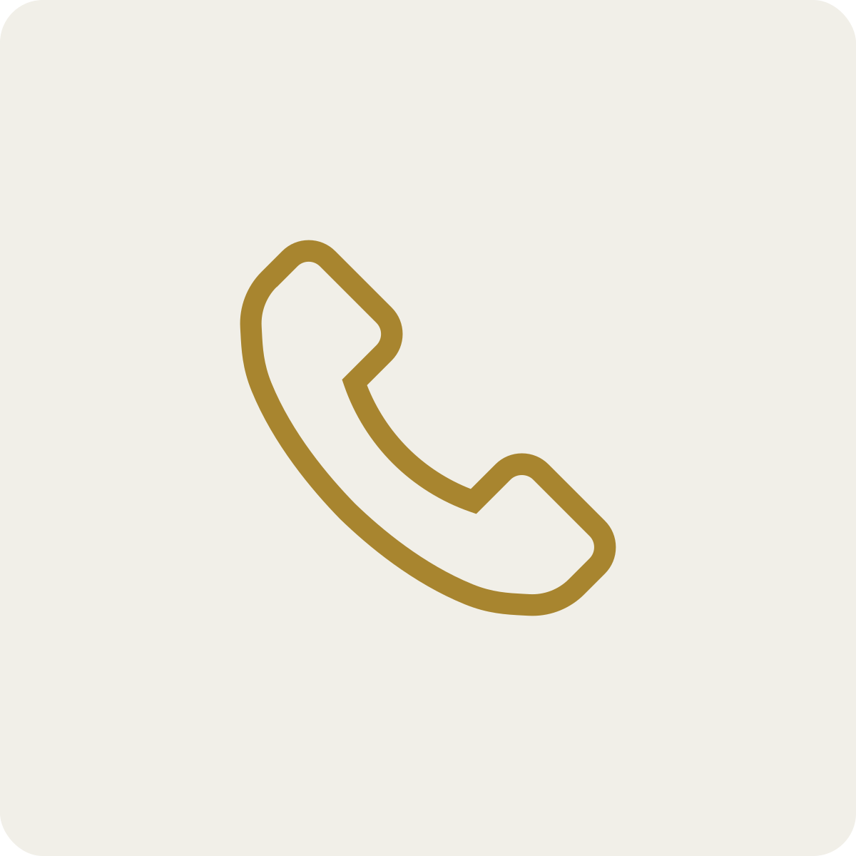 Icon of a telephone receiver outline in gold color on a light background.