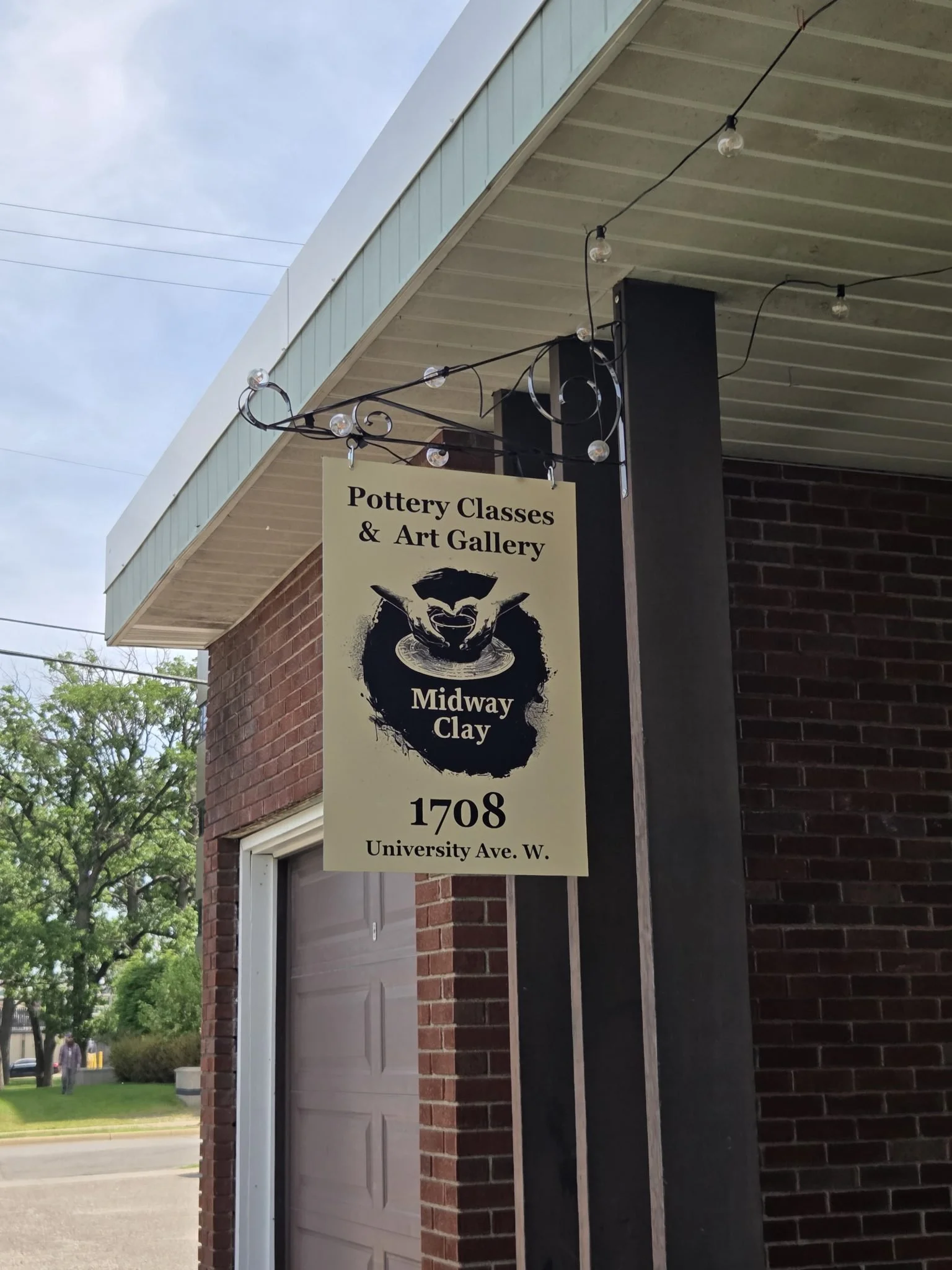 Midway Clay sign: Pottery Classes & Art Gallery 1708 University Ave W
