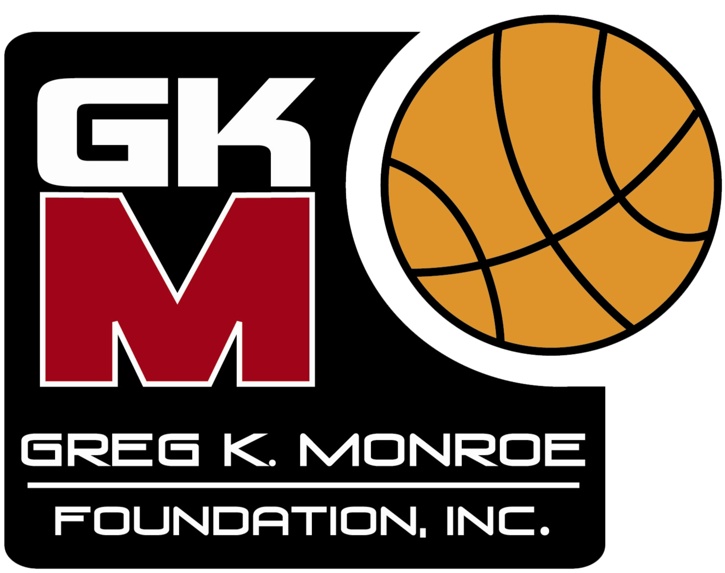 Logo for Greg K. Monroe Foundation, Inc. featuring text and a basketball graphic.