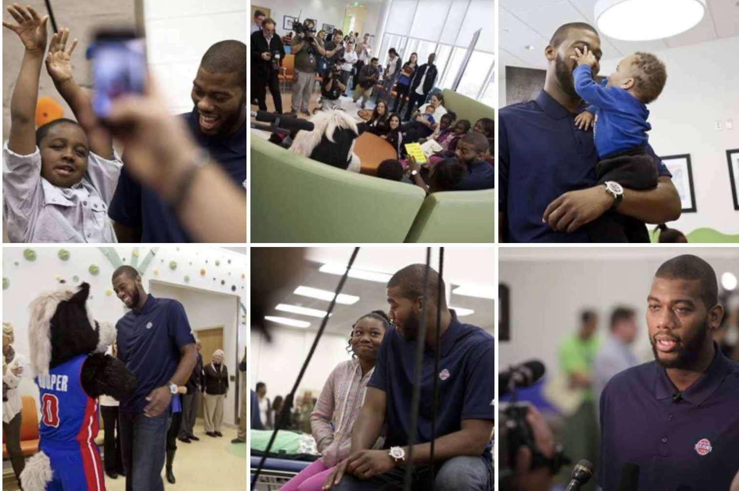 Series of photos showing a notable male athlete interacting with children and adults at an event, including signing autographs, talking in interviews, and engaging with a mascot in a basketball uniform.