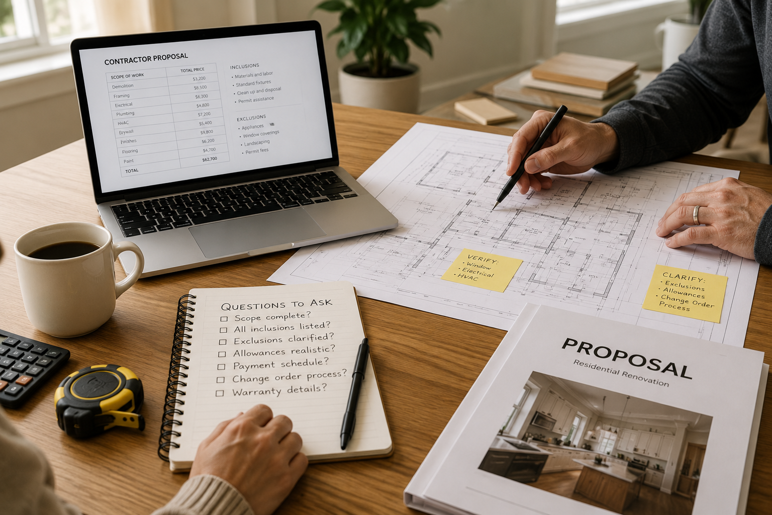 An architect or designer working on residential renovation plans at a desk with blueprints, a laptop displaying a contractor proposal, a notebook with questions, sticky notes with verification and clarification points, a cup of coffee, a calculator, and a tape measure.