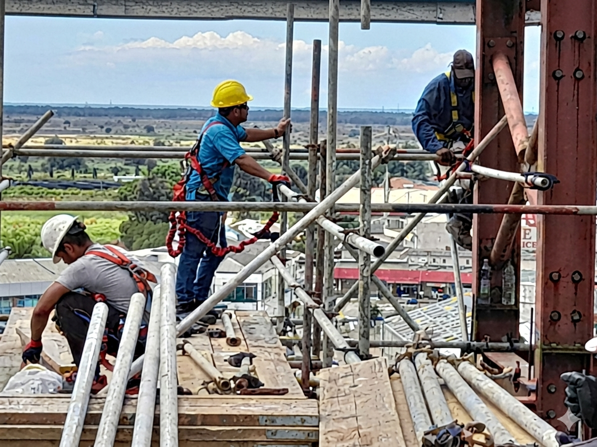 Three construction workers on scaffolding working on a building structure, with construction tools scattered nearby and a cityscape in the background.