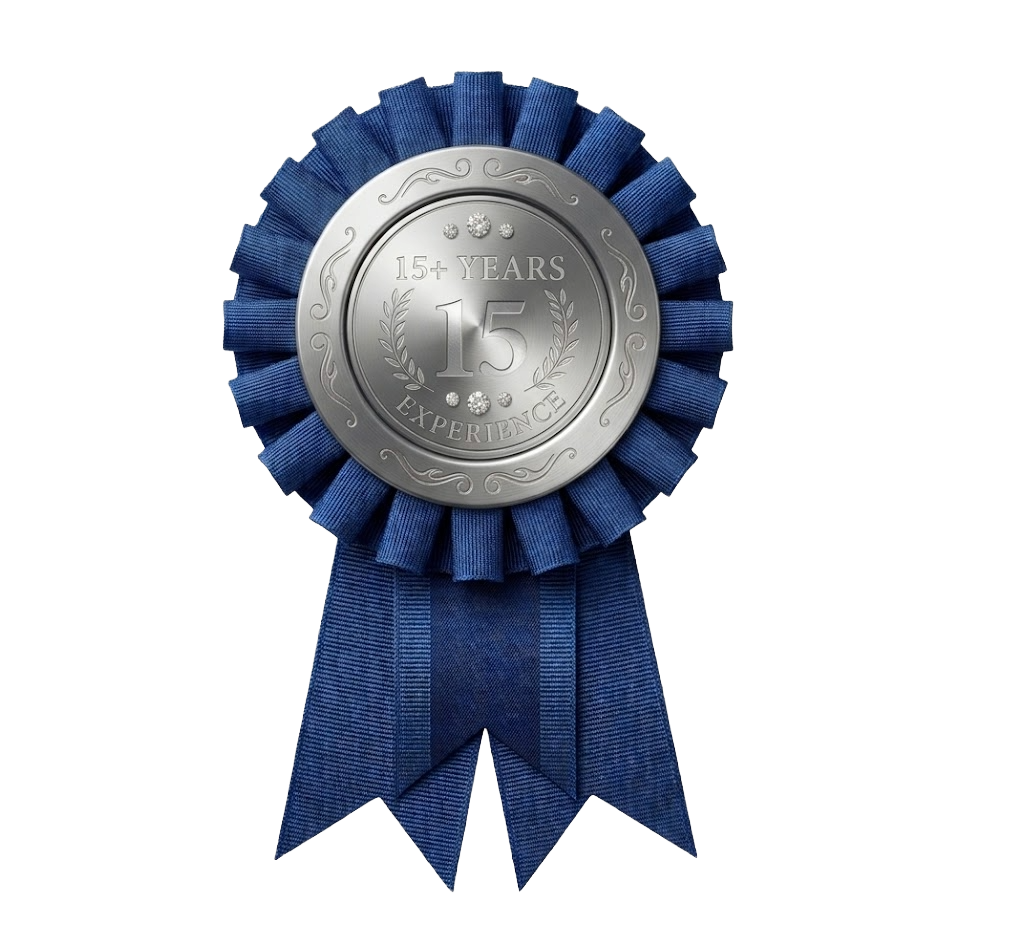 A silver medal with a blue ribbon, inscribed with "15+ Years Experience 15" and decorative elements.