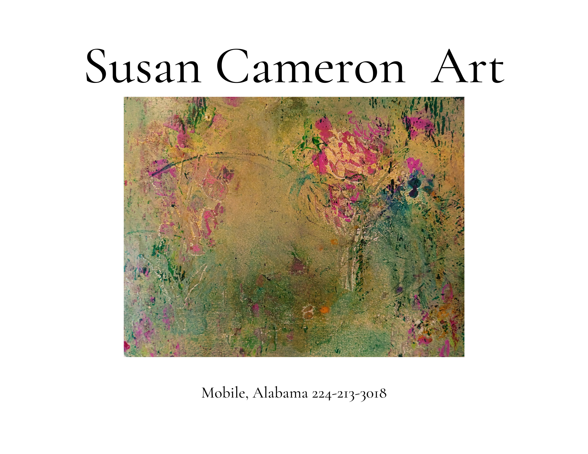 Cover of Susan Cameron Art book featuring colorful abstract artwork, with text indicating location as Mobile, Alabama, and date as 224-213-3018.