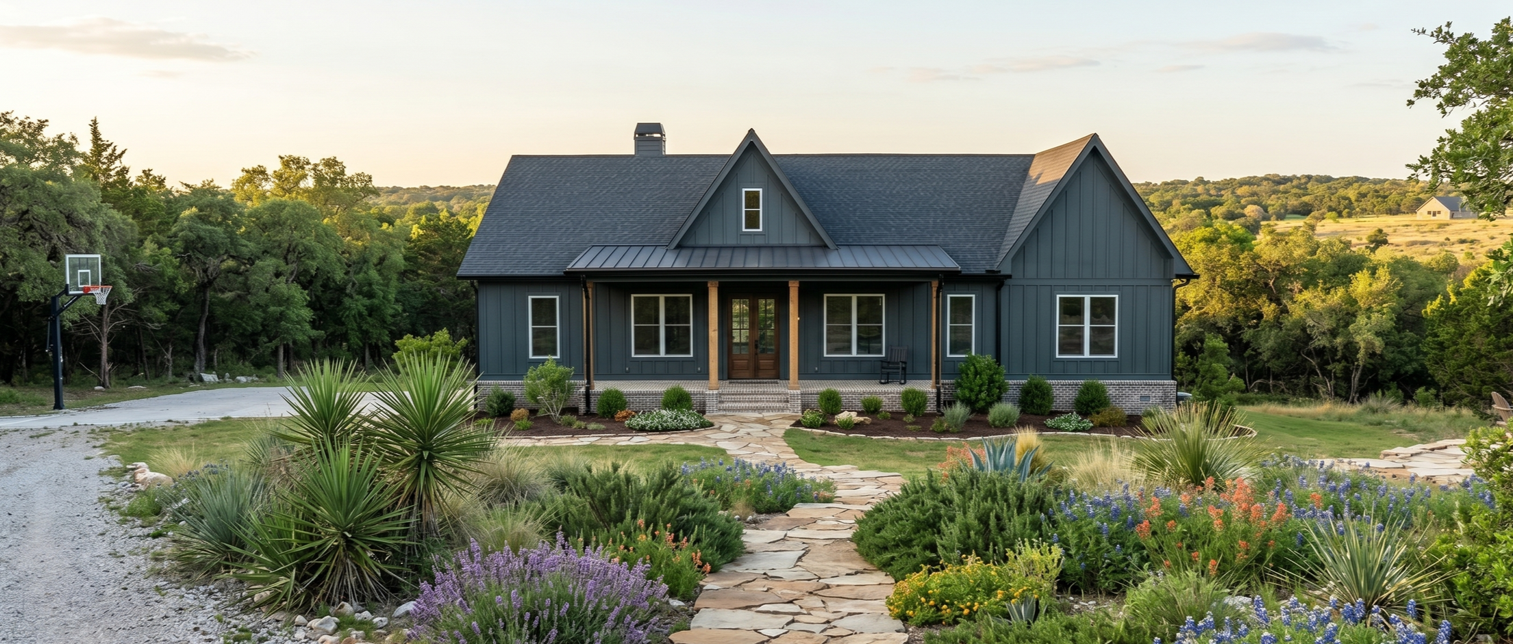 A house with blue siding and a covered front porch, surrounded by a landscaped garden with various plants and flowers, against a backdrop of trees and rolling hills.