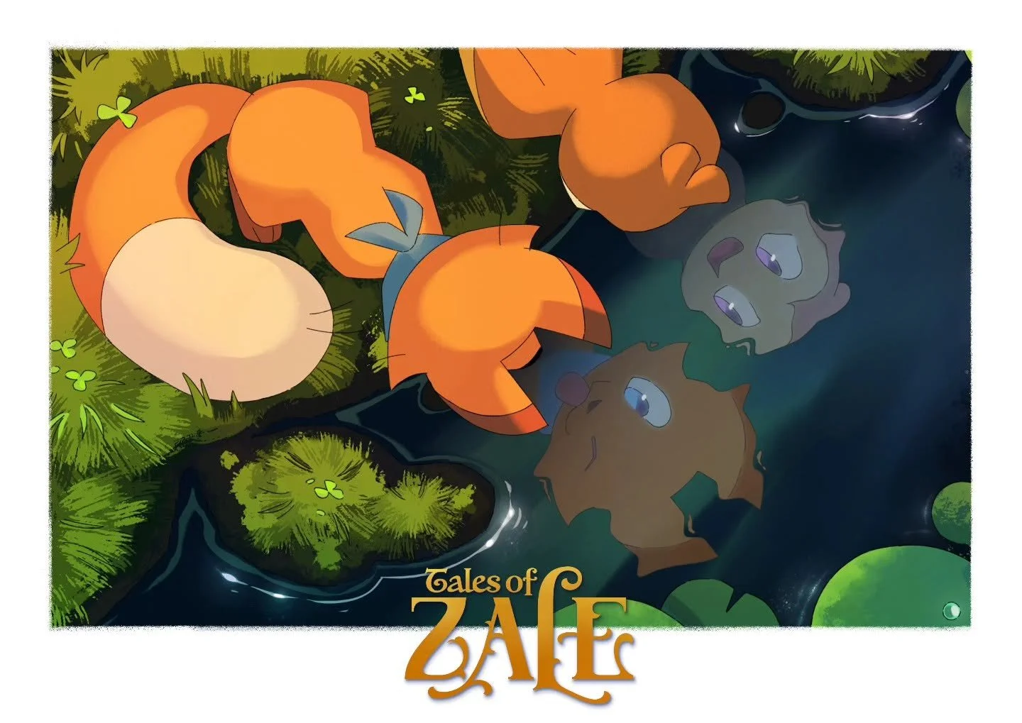 Animated image of an orange and white fox on mossy ground near water with the text 'Tales of Zale' at the bottom.