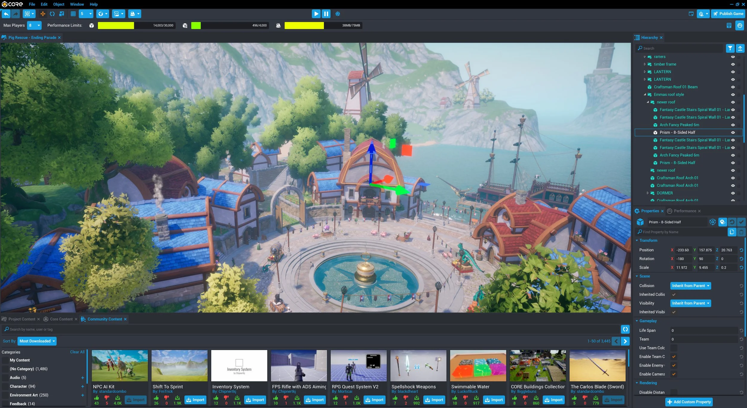 Screenshot of a game development software interface displaying a scene of a colorful, animated village with windmills, trees, a fountain, and buildings, along with toolbars, layers, and properties panels.
