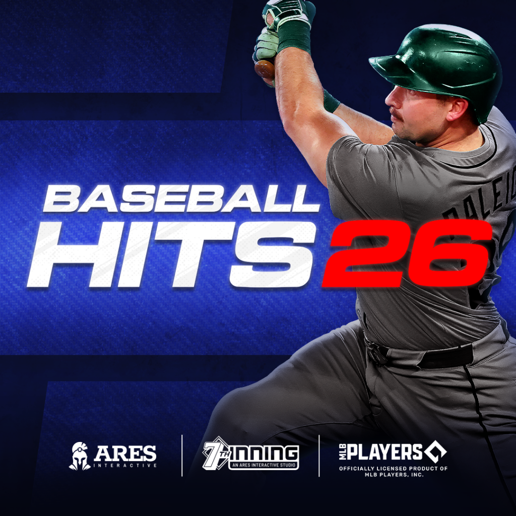 Cover art for baseball hits 26 video game showing a baseball player swinging a bat, with the title "Baseball Hits 26" in bold letters, and logos of ARES Interactive, 7th Inning, and MLB Players.