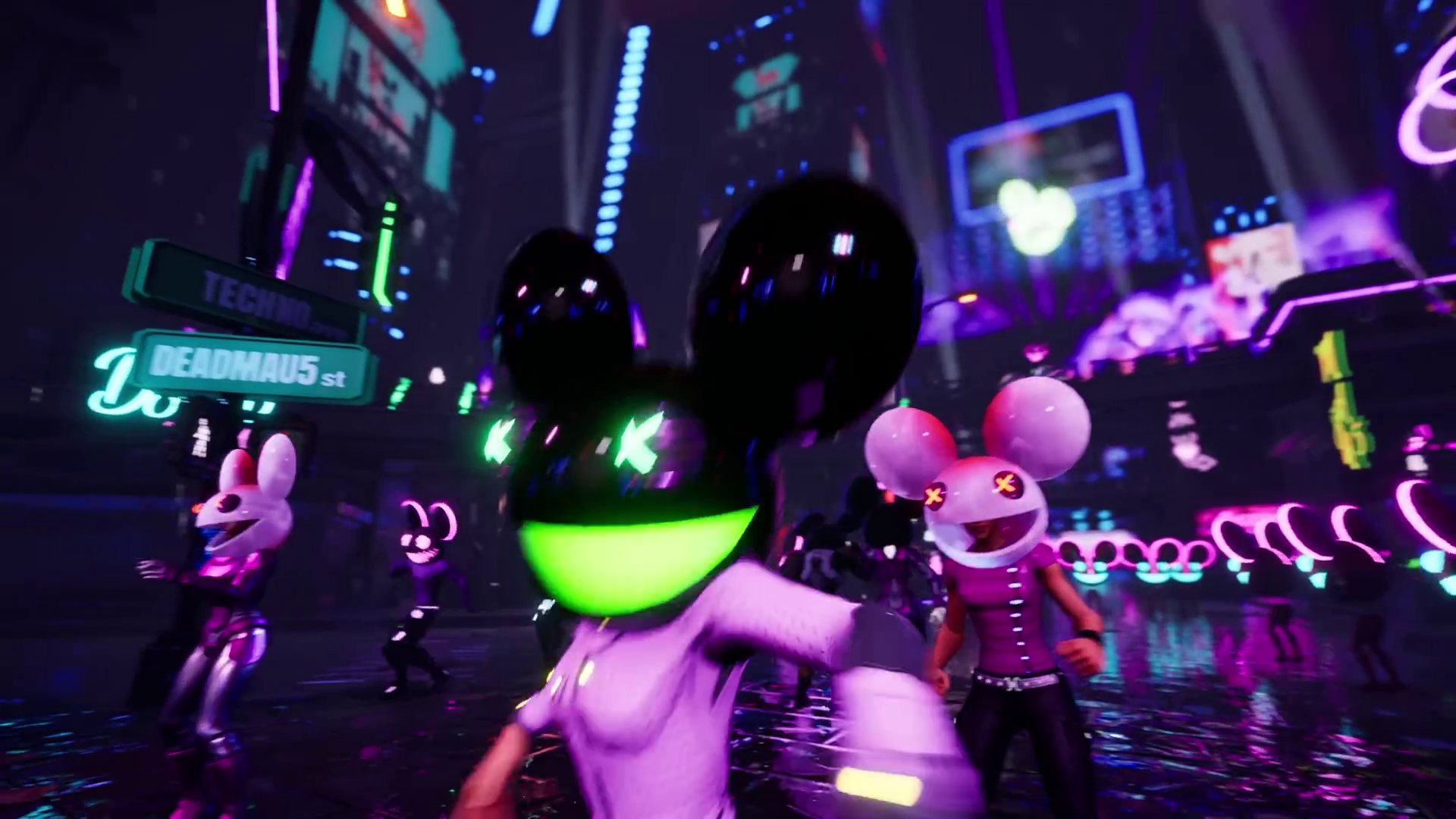 A person wearing a black Deadmau5 mask with glowing green mouth, surrounded by dancing characters with Deadmau5 heads with X's for eyes, in a neon-lit, futuristic cityscape with bright signs and screens.