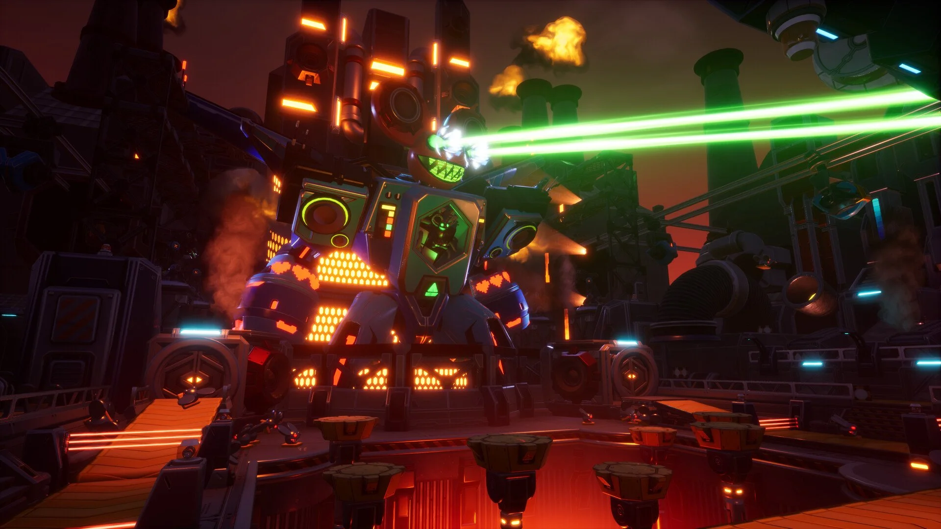 A giant robot with a menacing face and glowing green eyes shooting green lasers, surrounded by industrial pipes and structures on a fiery background.