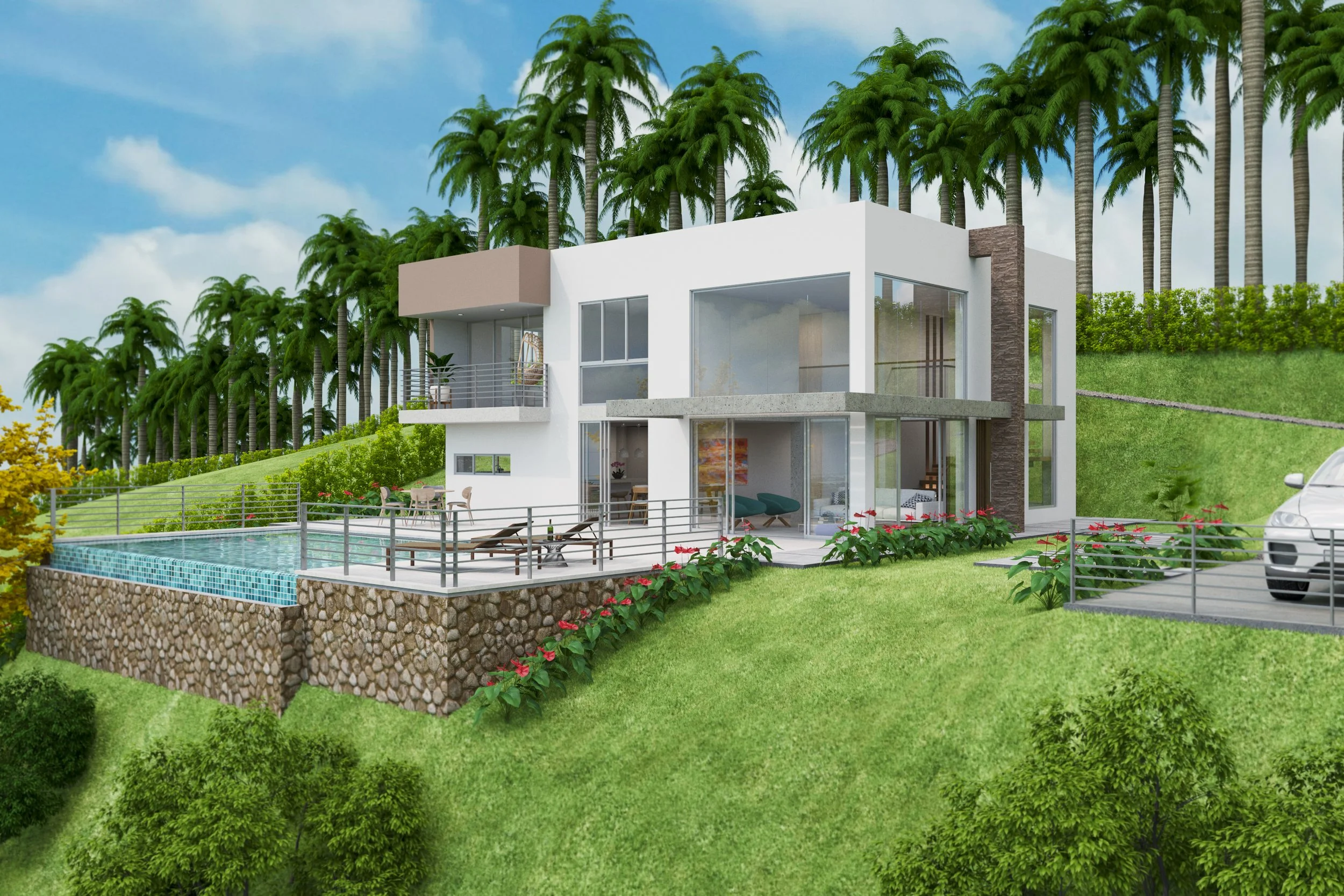 Casa moderna blanca con piscina, área de descanso y muchas palmas en un entorno tropical.