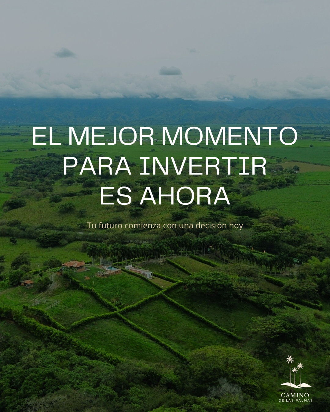 Paisaje verde con colinas, árboles y algunas casas pequeñas, con un cielo nublado. Texto en la imagen que dice: "El mejor momento para invertir es ahora. Tu futuro comienza con una decisión hoy." En la esquina inferior derecha, un logotipo con palmeras y el texto "Camino de las Palmas."
