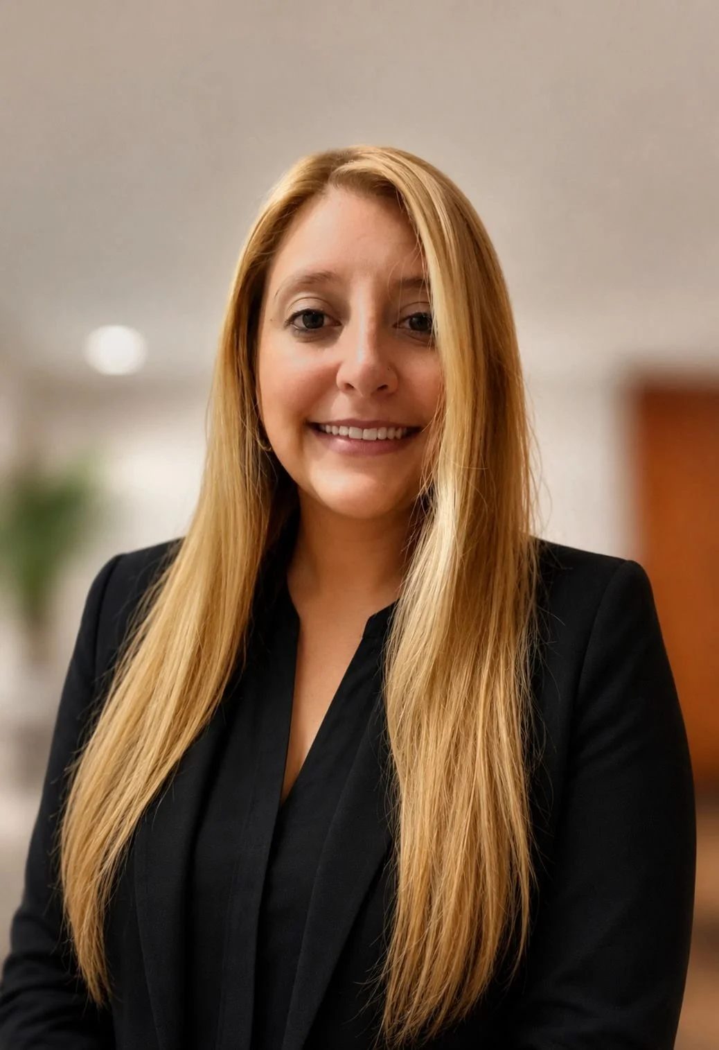 Mujer con cabello largo rubio, sonriendo y vestida con saco negro en un entorno interior.