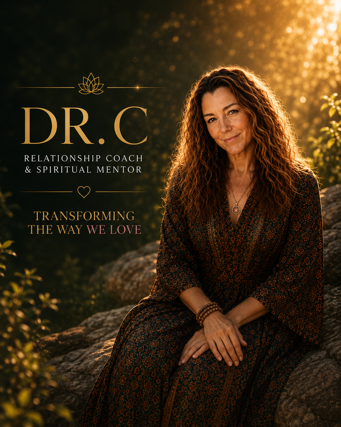 A woman with curly hair in a patterned dress sitting on rocks outside at sunset, promoting Dr. C as a relationship coach and spiritual mentor.