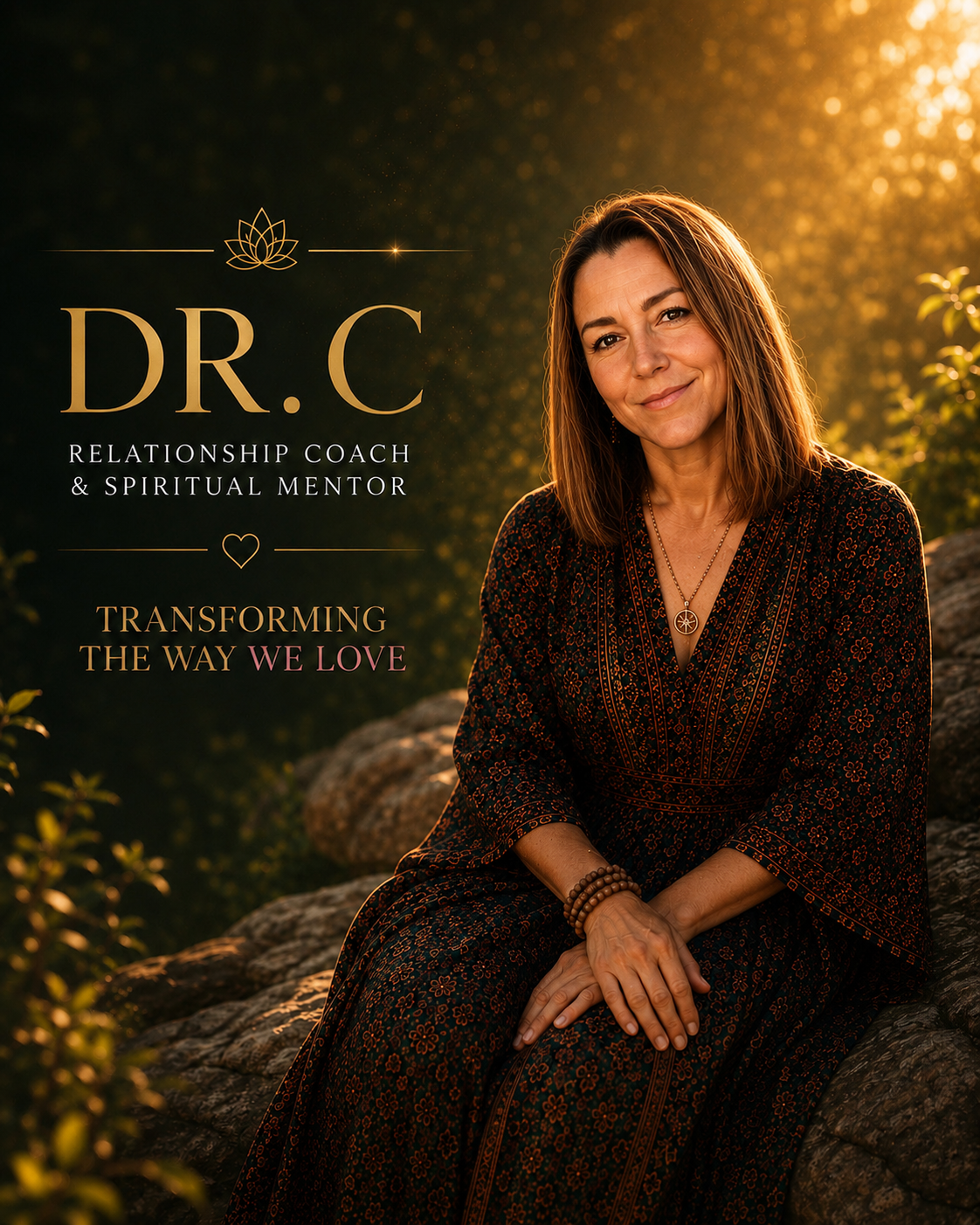 A woman sitting outdoors on rocks at sunset, wearing a black patterned dress and jewelry, with text promoting Dr. C as a relationship coach and spiritual mentor.