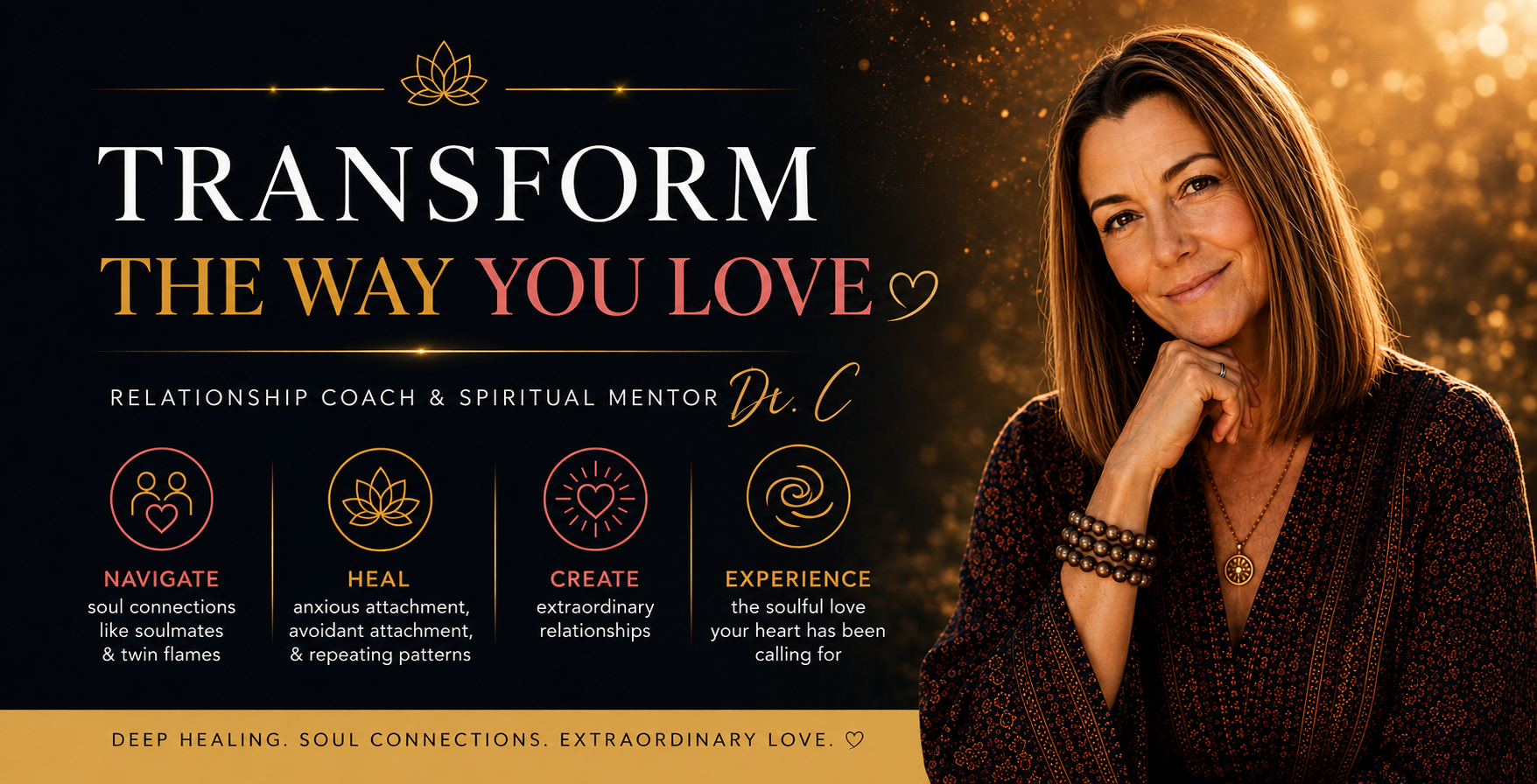 A promotional graphic for Dr. C's relationship coaching and spiritual mentoring service titled 'Transform the Way You Love.' The design features a woman with shoulder-length brown hair, wearing a black patterned top and jewelry, smiling warmly with a golden glow background. The text highlights services like navigating soul connections, healing attachment patterns, creating extraordinary relationships, and experiencing soulful love.