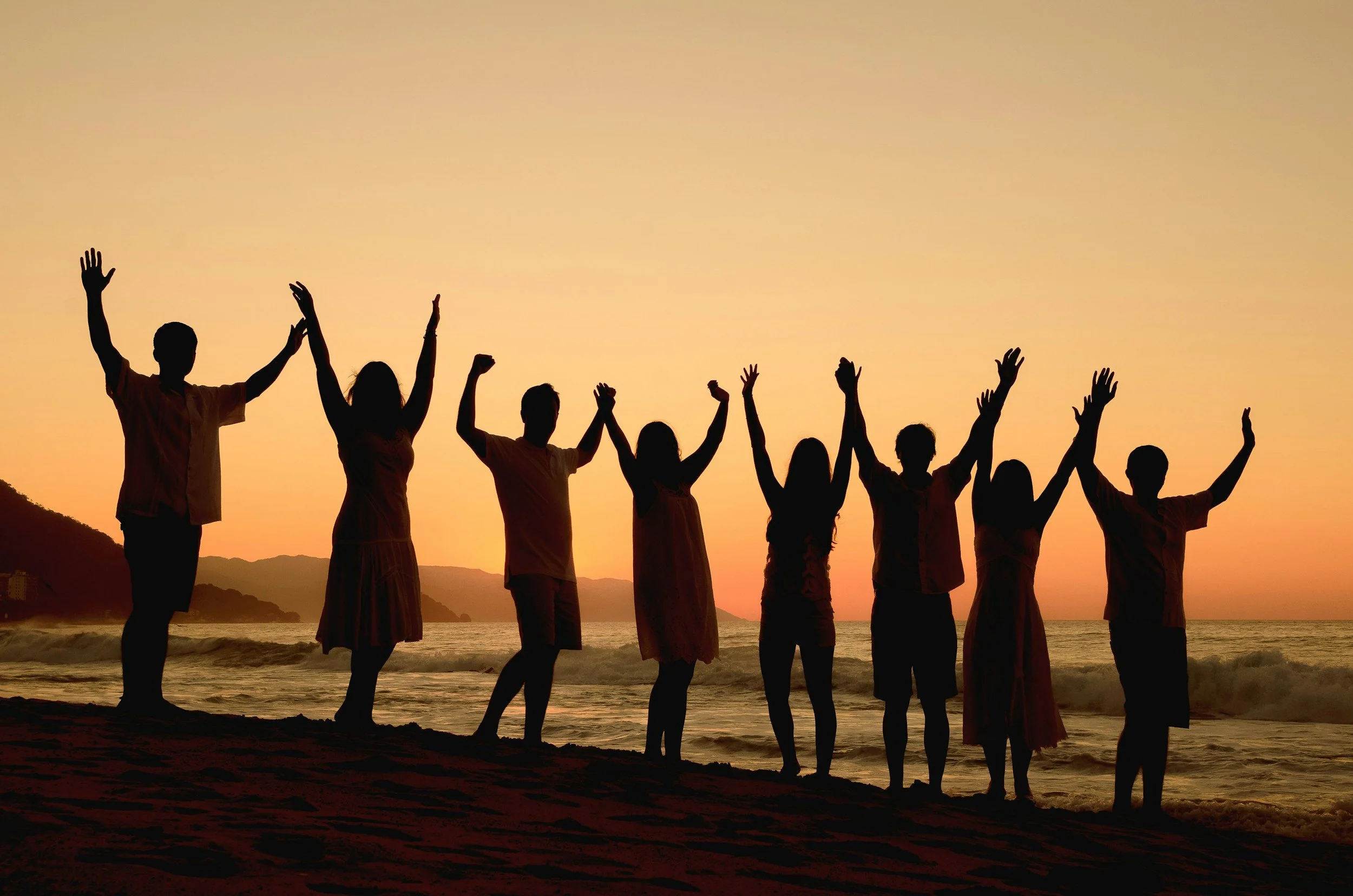 Silhouettes of people standing in a line on a beach, raising their arms in celebration against an orange sunset.