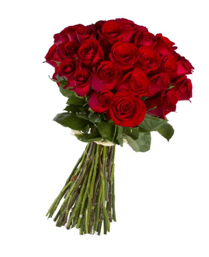 A bouquet of red roses with green leaves and long stems.