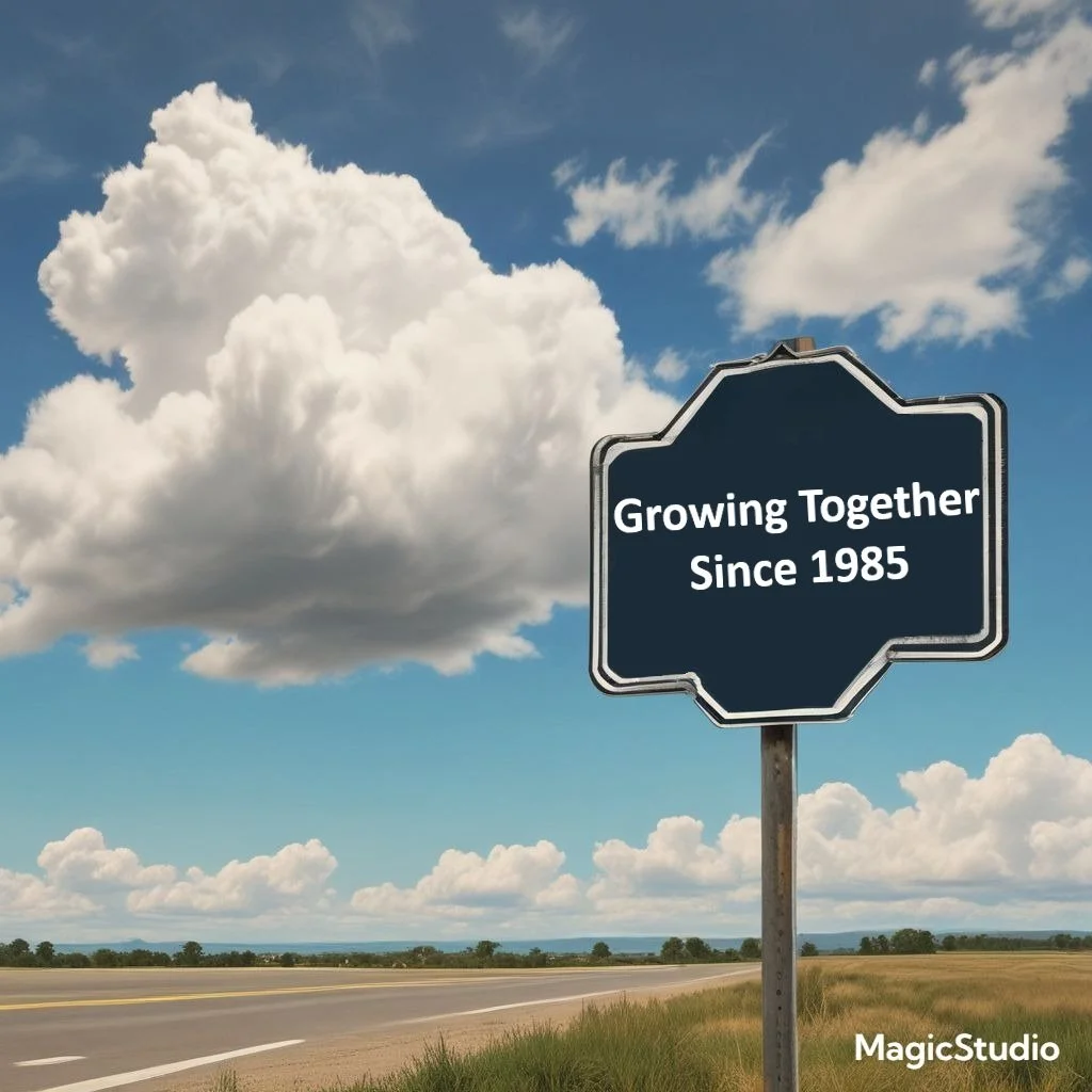 Navy blue sign with white trim reading "Growing Together since 1985" against a blue sky with white clouds.