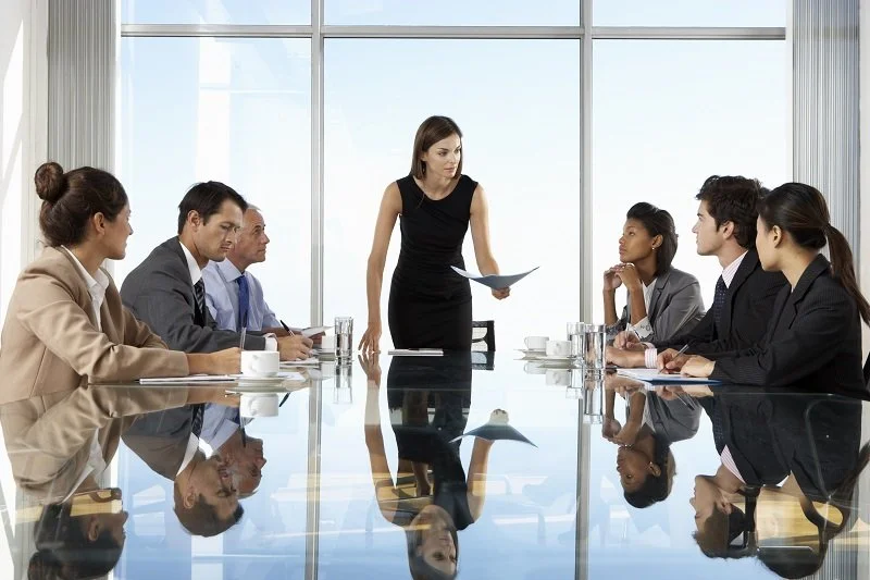 Business meeting with six people, one woman standing and speaking, in a modern conference room with large windows.