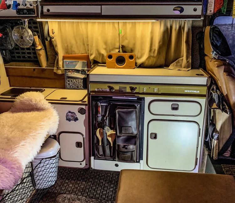 TF49 Truckfridge Cocina leather utensil organizer installed in a Vanagon Westfalia kitchen