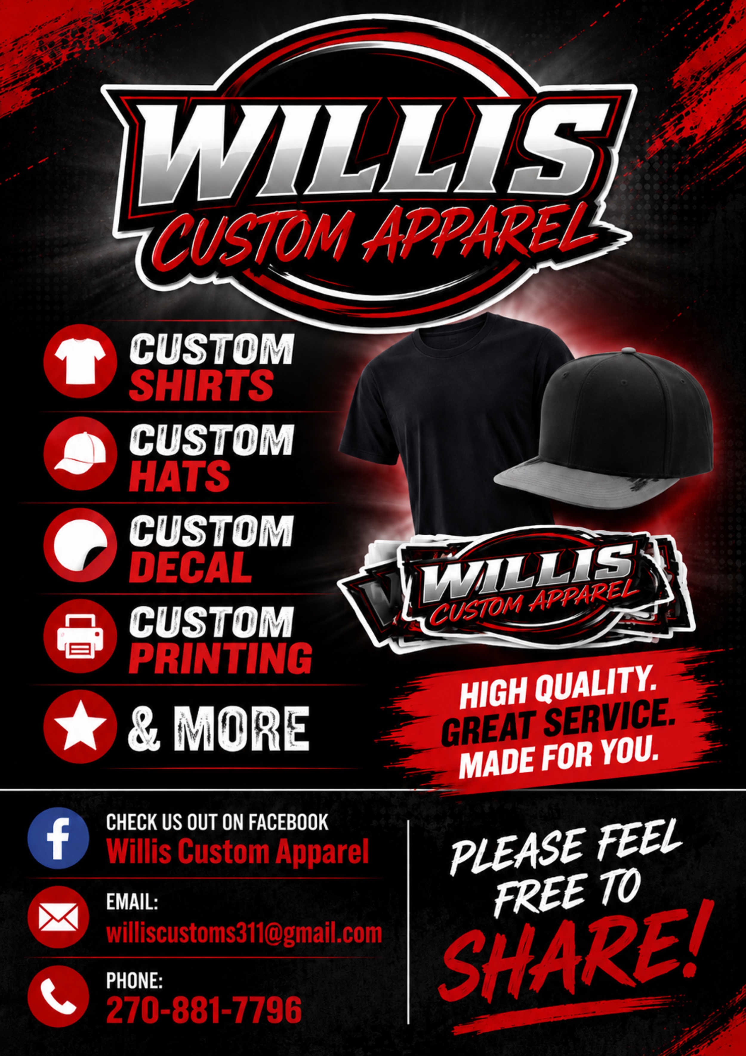 Advertisement for Willis Custom Apparel featuring black T-shirts and hats with red and white text. Includes contact information and services like custom shirts, hats, decals, printing, and more.